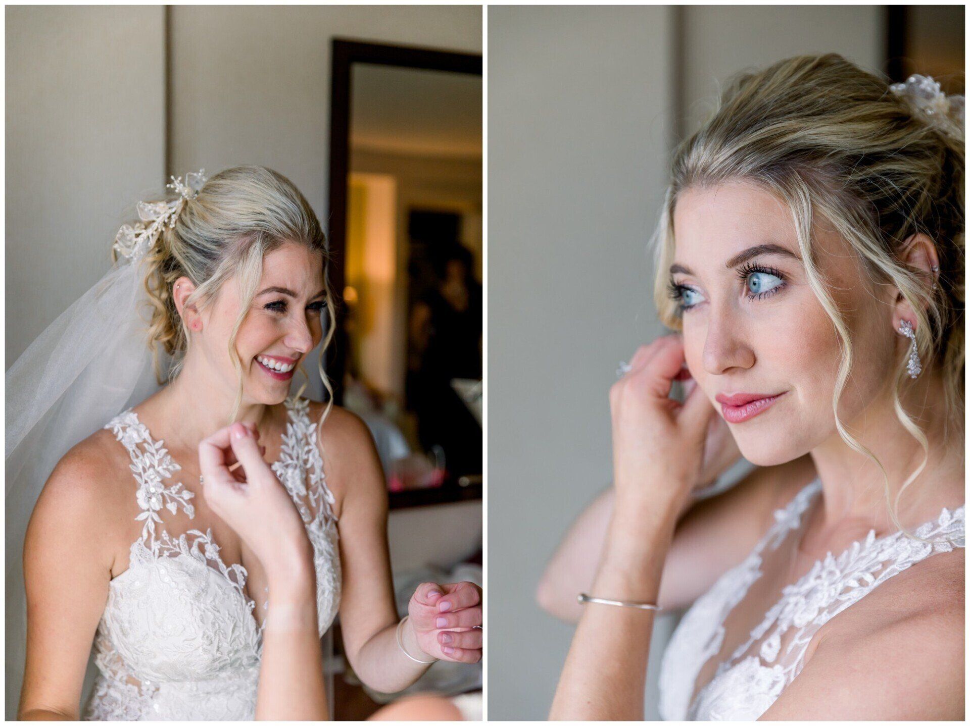 Bride in white lace dress with silver updo, smiling in a mirrored two-panel portrait.