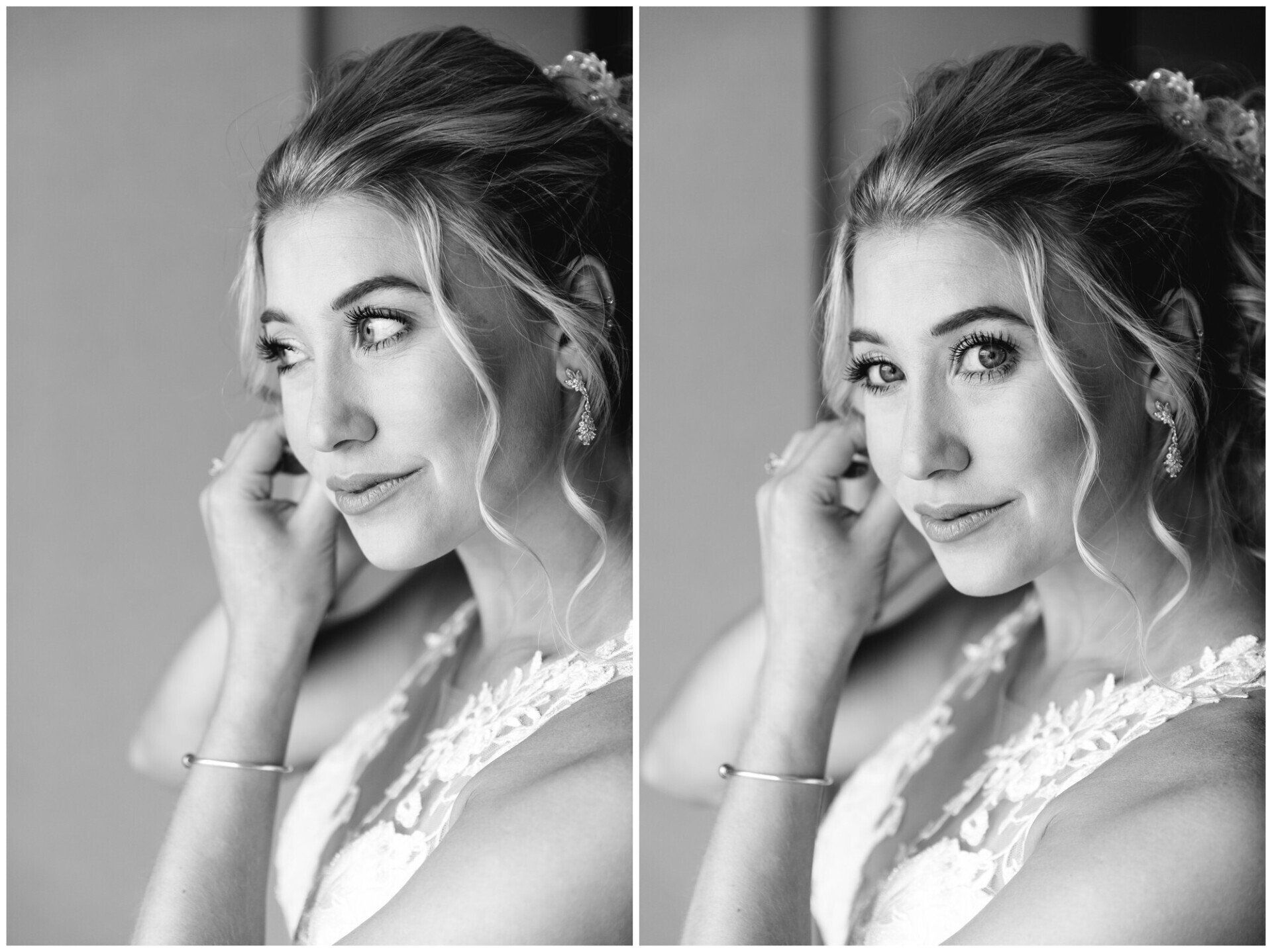 Black-and-white portrait diptych of a woman in a lace top, looking over her shoulder with a soft smile