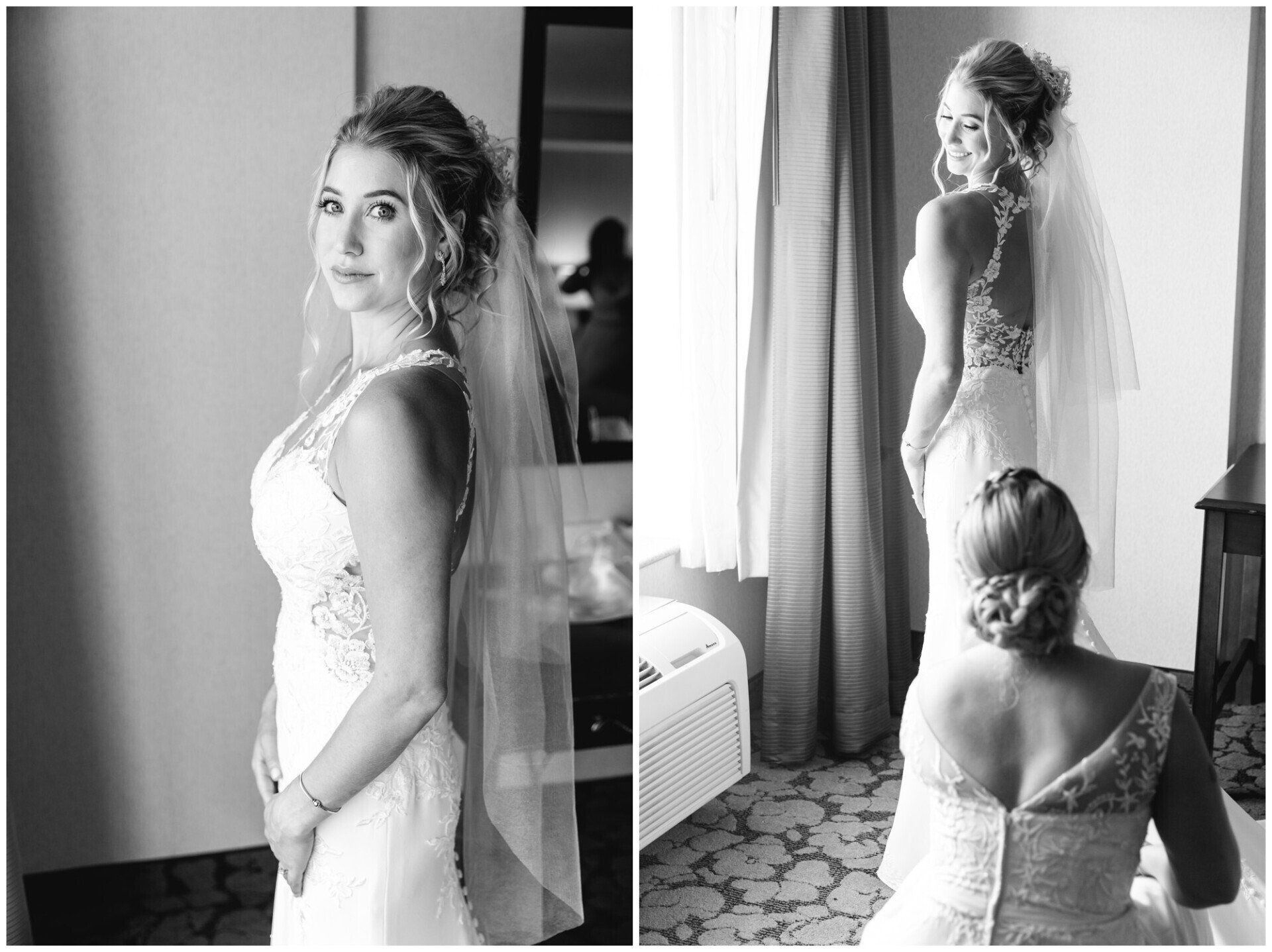 Black-and-white wedding photos of a bride in a lace gown and veil, posing indoors by a window