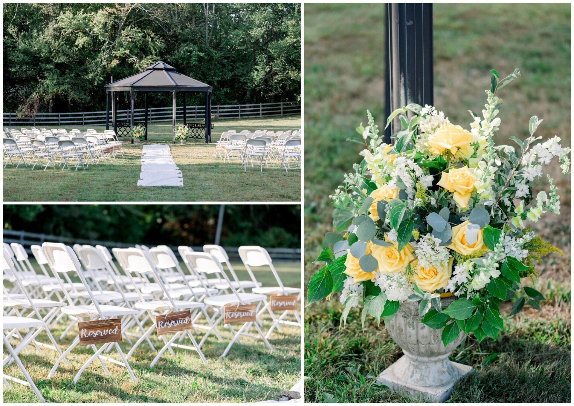 Outdoor wedding setup with gazebo, white chairs, and yellow-white floral arrangements.