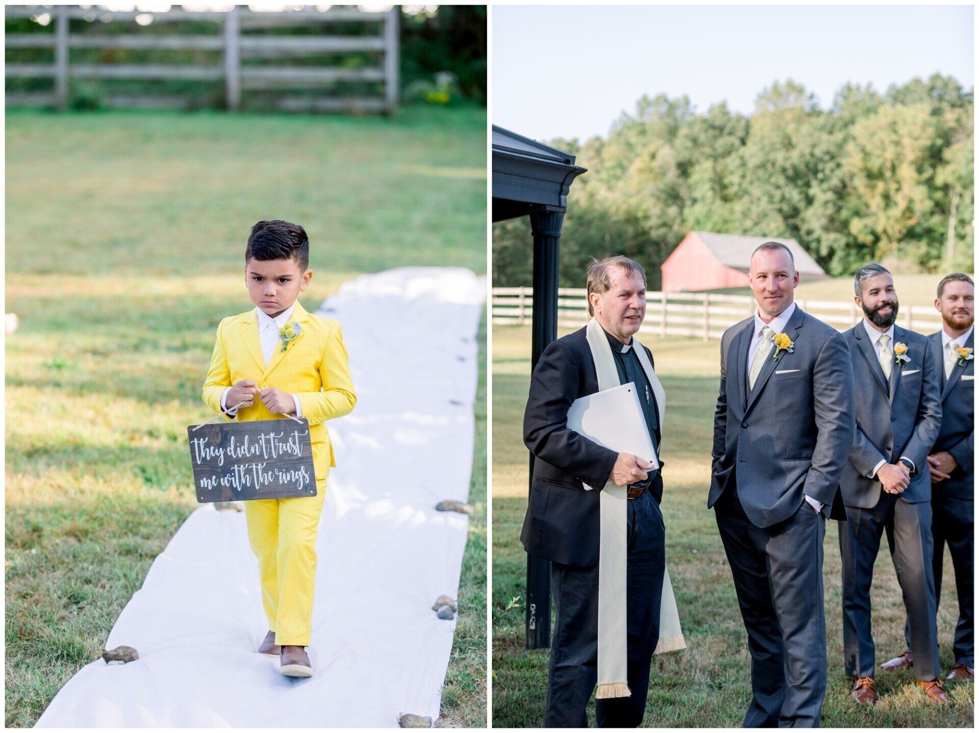 Boy in yellow suit holding sign on white path; men in suits stand nearby outdoors.