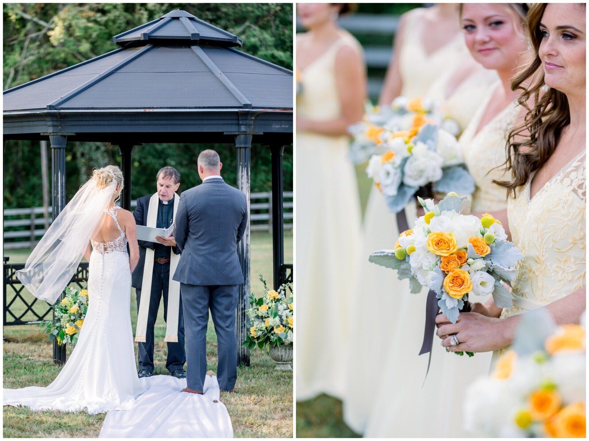 Bride and groom exchange vows under a gazebo, with bridesmaids holding white and yellow bouquets nearby.