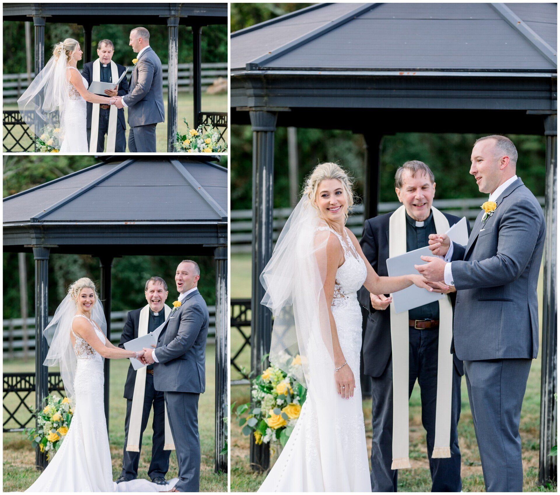 Wedding couple and officiant under a gazebo during an outdoor ceremony, with a document being signed.