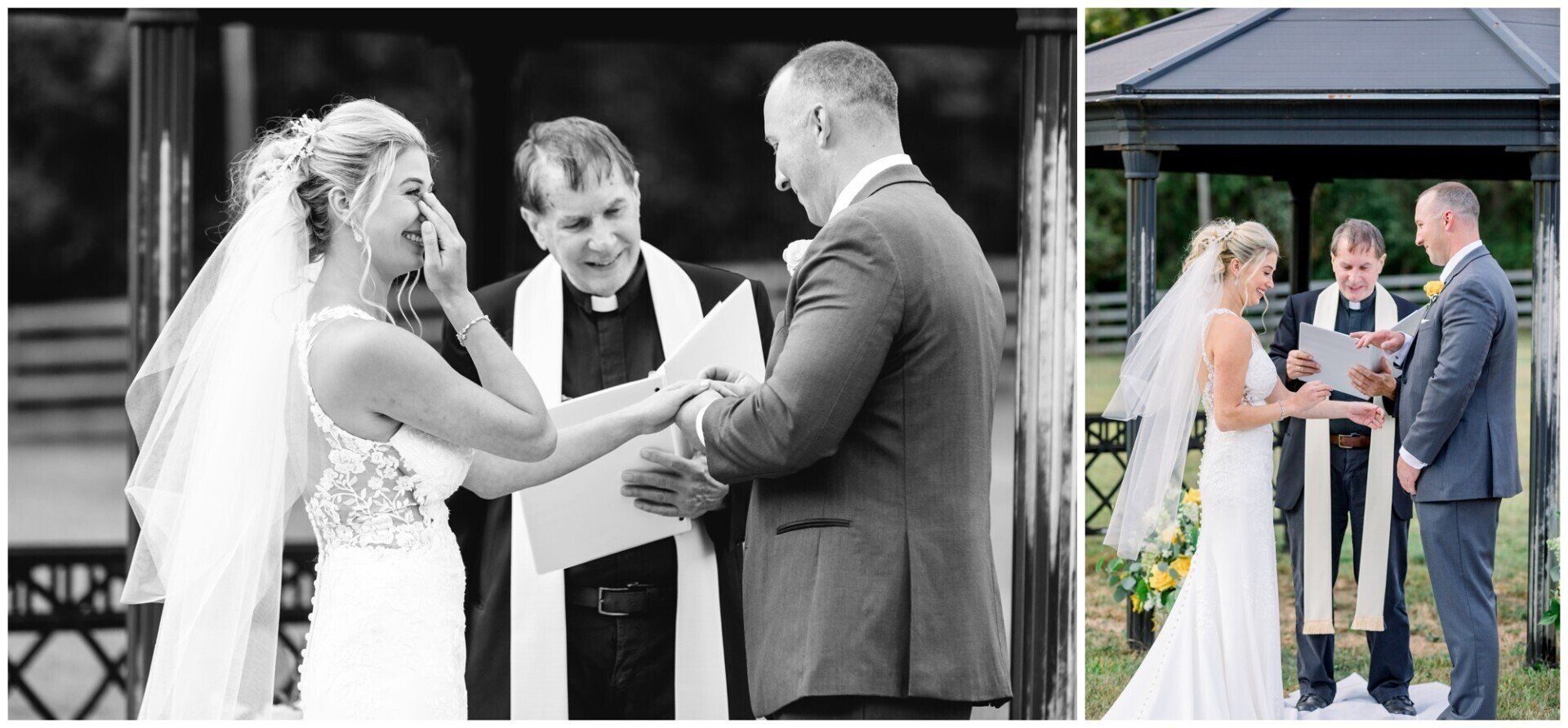 Wedding couple exchanging vows with officiant under a gazebo outdoors