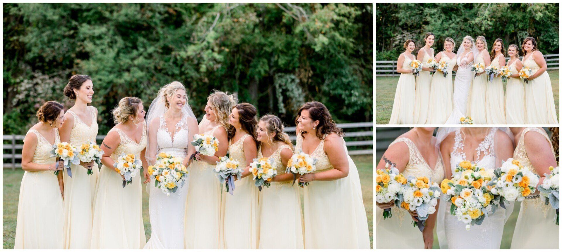 Bridesmaids in ivory dresses holding yellow-white bouquets, smiling outdoors by a garden wall