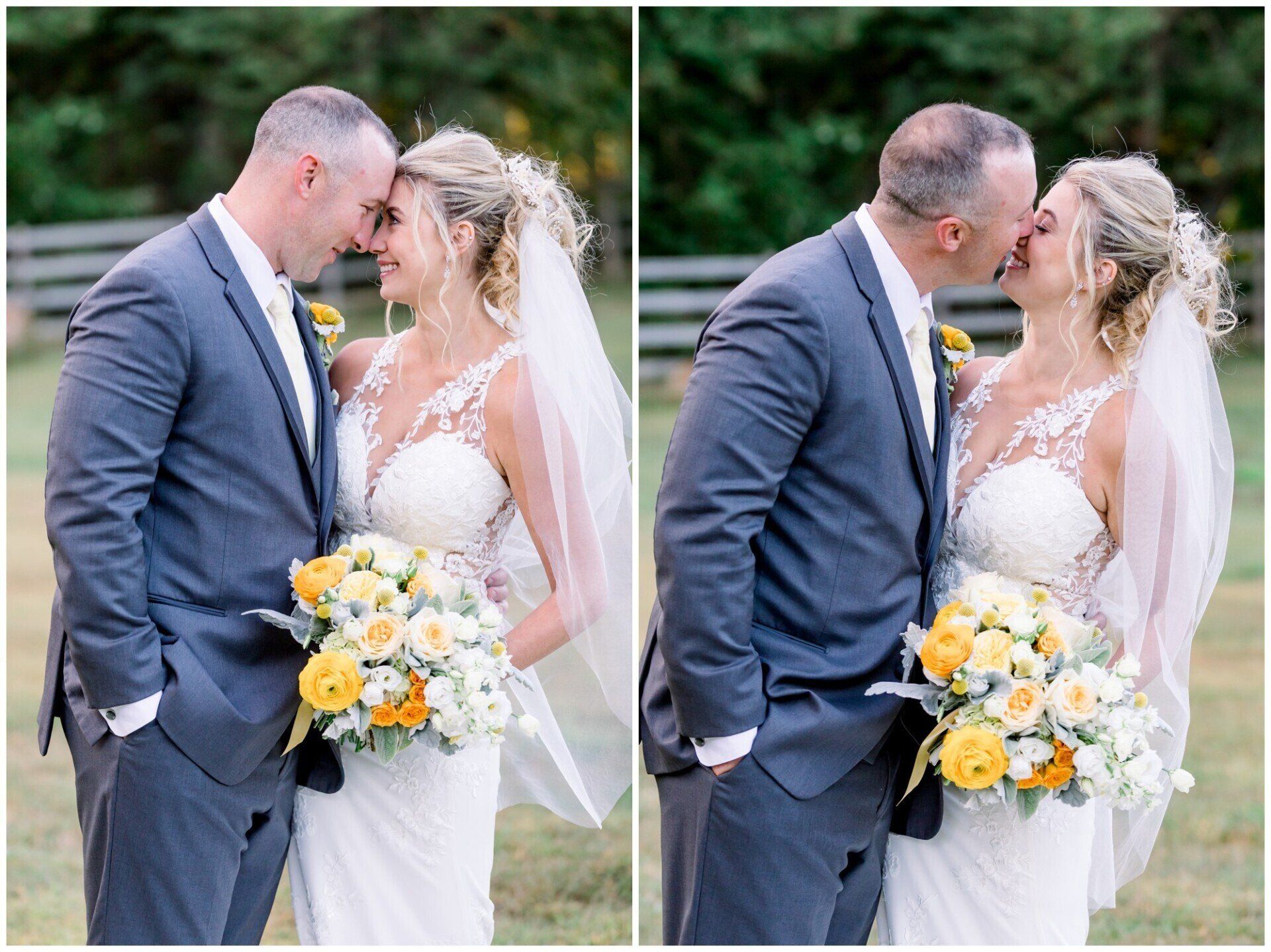 Newlyweds share a kiss outdoors, bride holding a yellow and white bouquet.