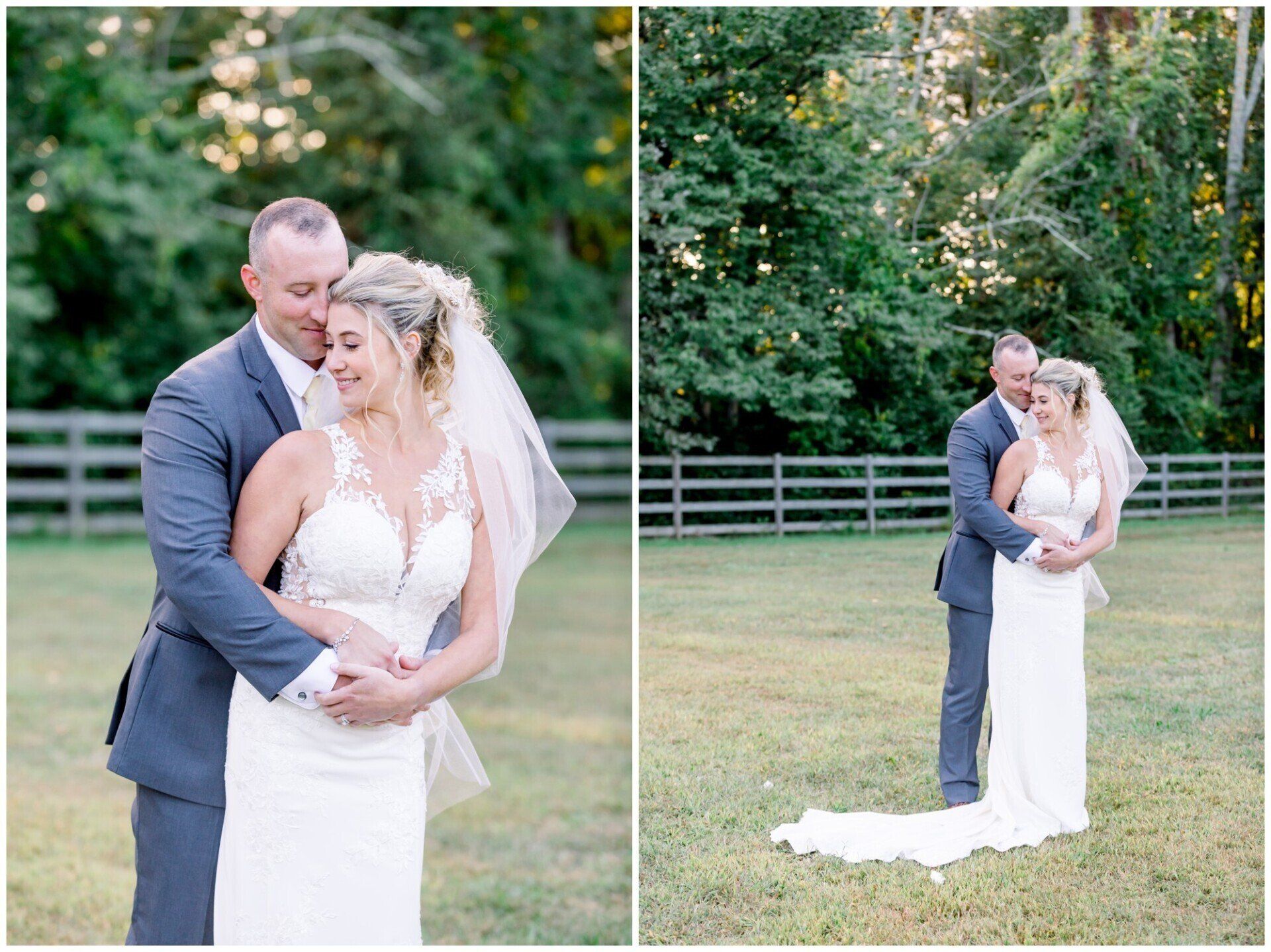 Bride and groom embracing outdoors in a grassy field, with veil and train flowing behind her