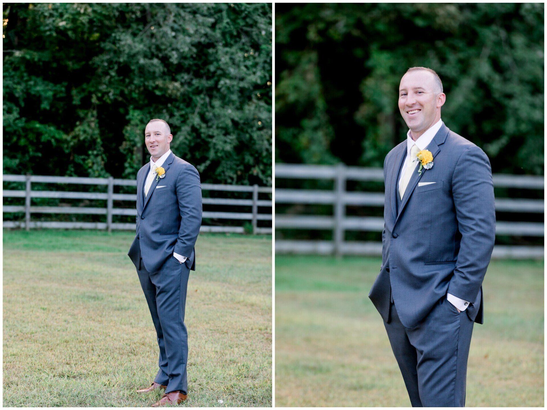 Man in a blue suit with a yellow boutonniere standing outdoors by a fence and trees, smiling.
