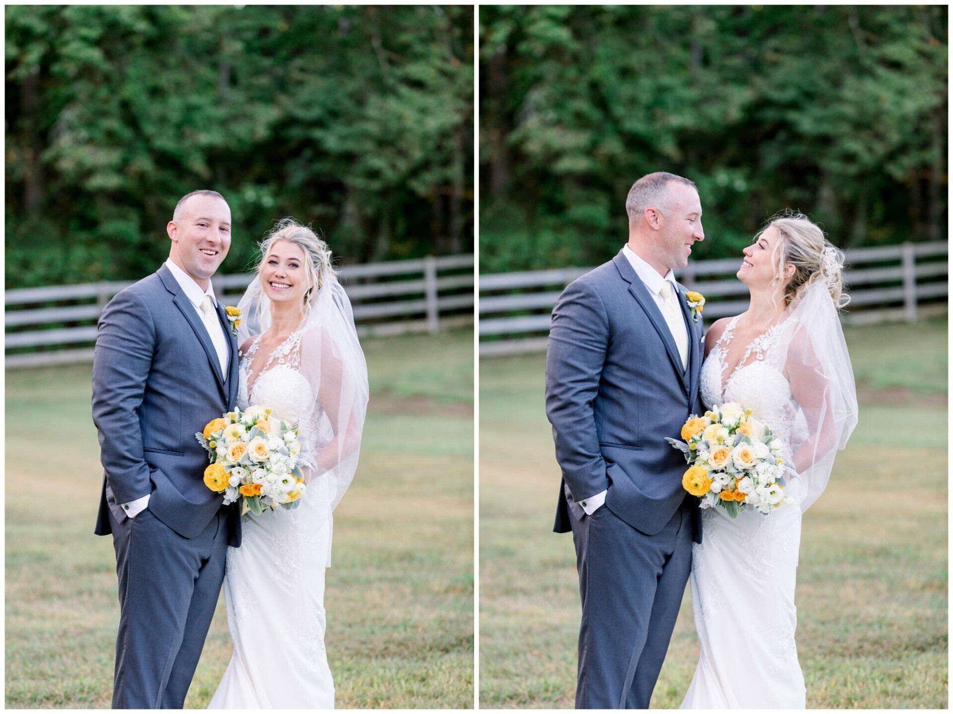 Bride and groom posing outdoors in a garden, holding a yellow bouquet and smiling