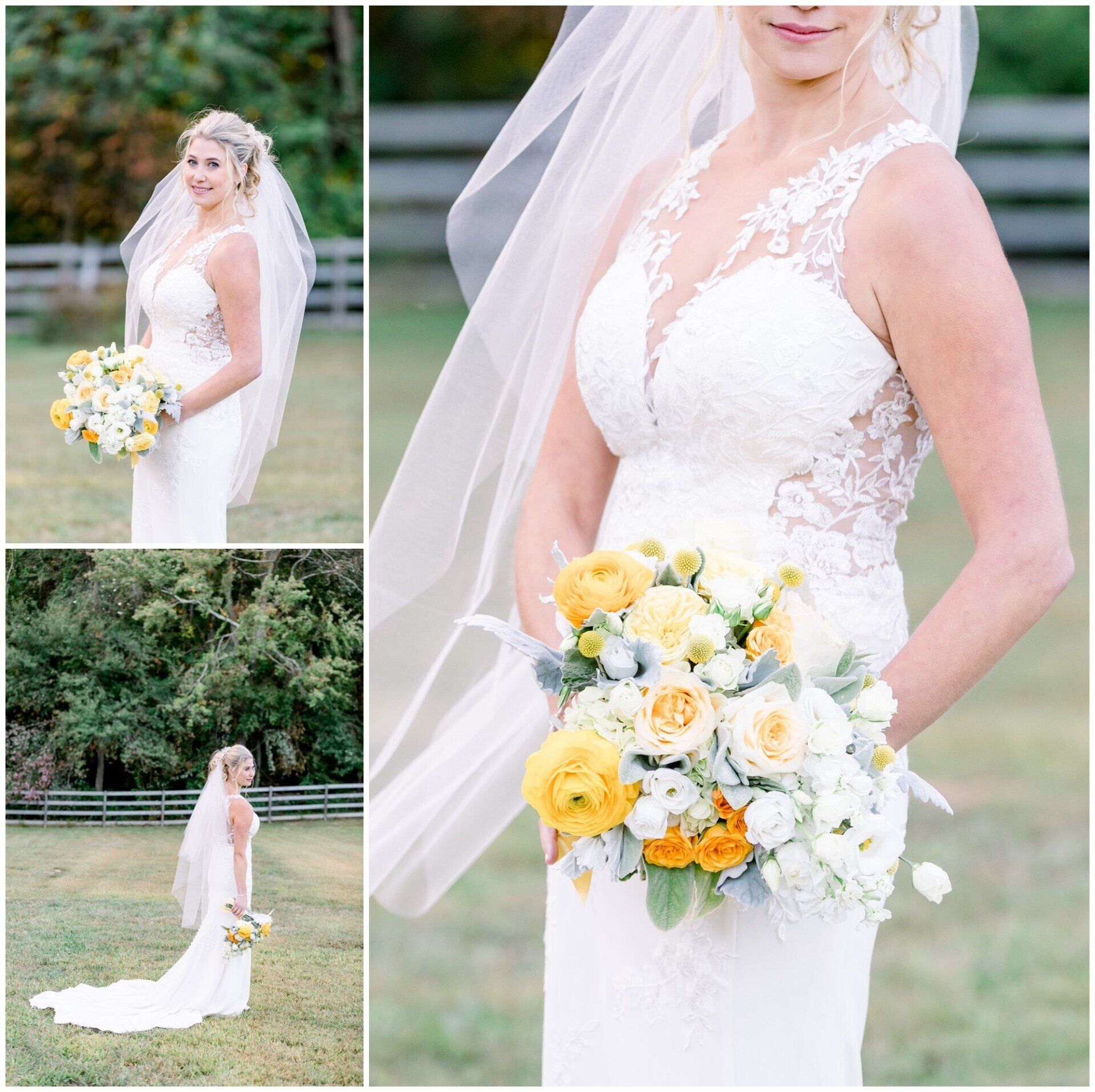 Bride in white lace gown and veil holding yellow-and-white bouquet outdoors