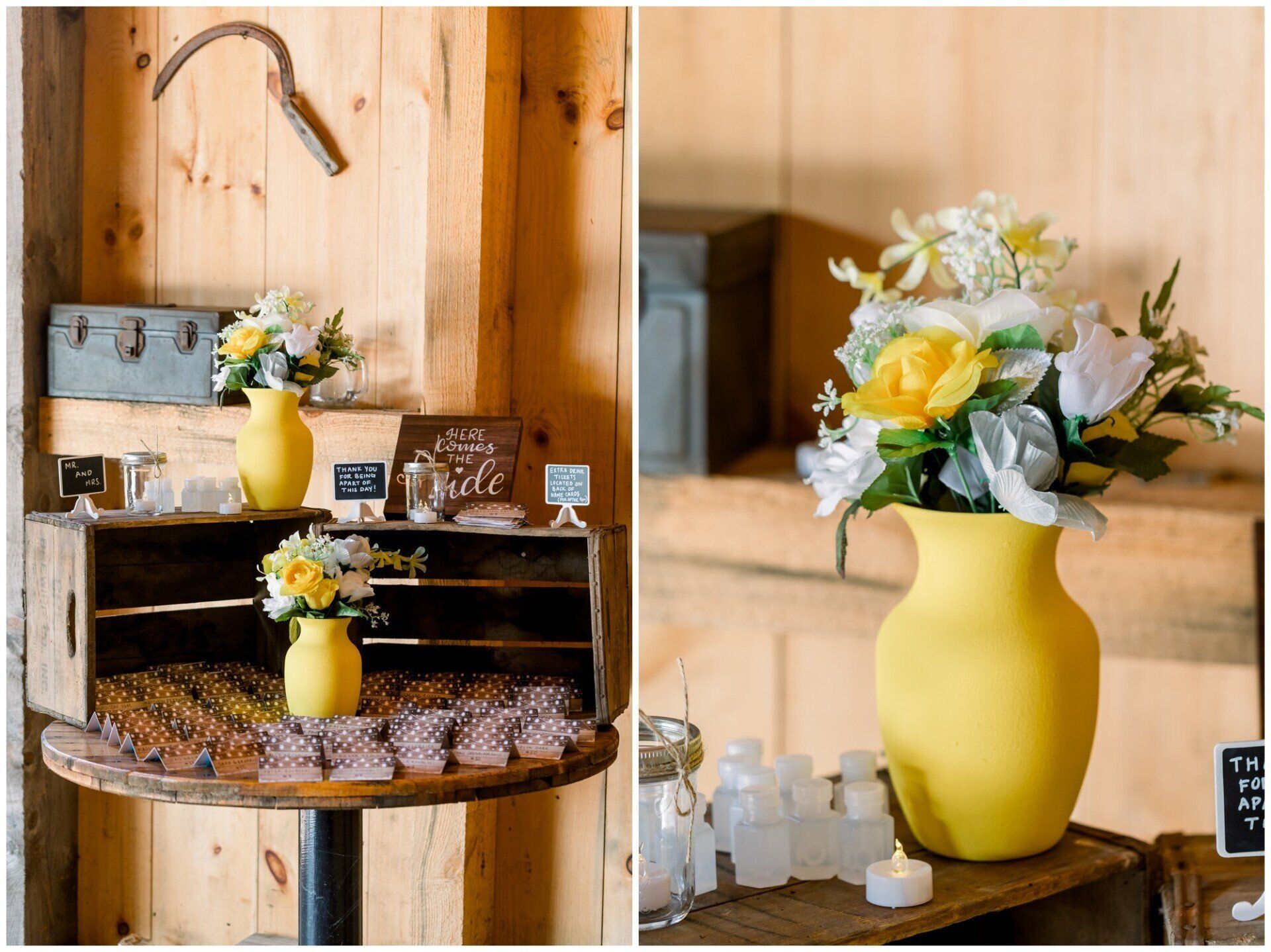 Yellow vase with white and yellow flowers on a rustic wooden shelf, beside candles and decor.
