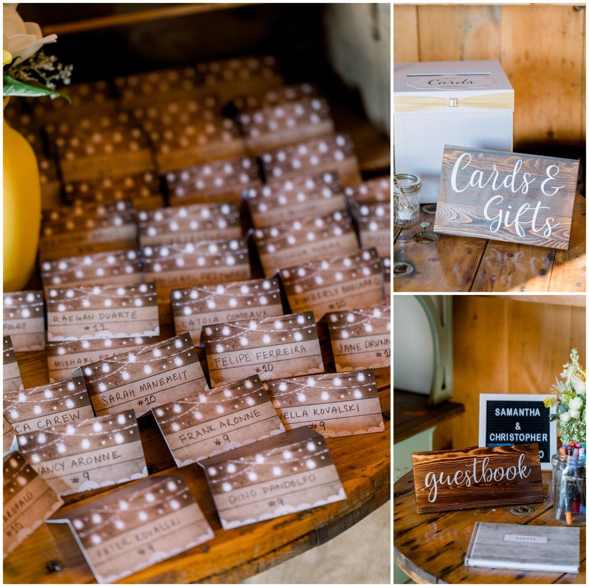 Wooden wedding favor cards and gift table signs in a rustic brown and white display