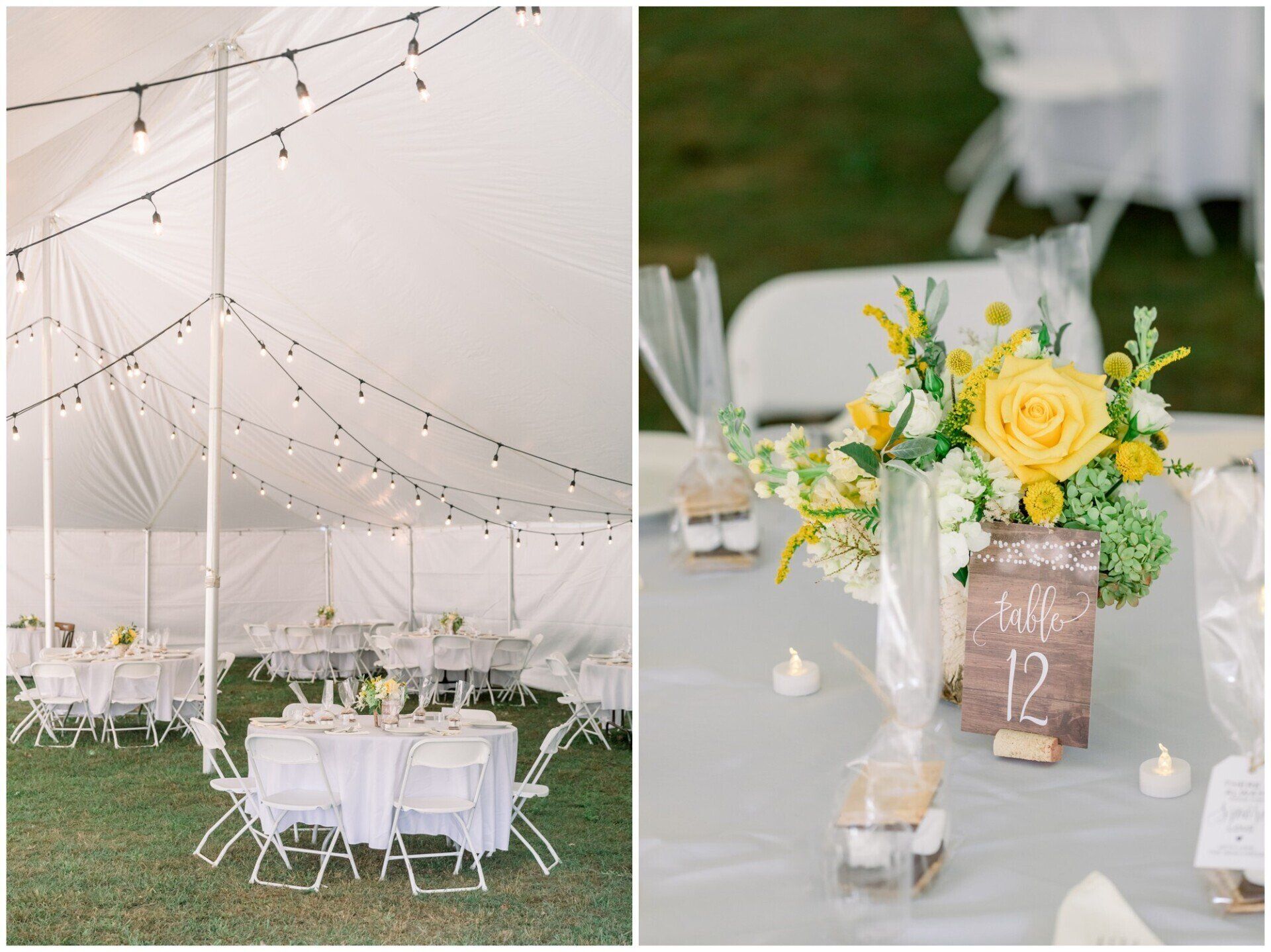 Outdoor wedding reception with white tents, string lights, and yellow floral centerpieces on tables