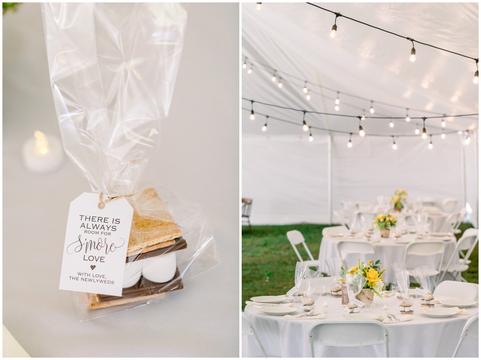 Gift box with s’mores favors beside a decorated white reception table under string lights