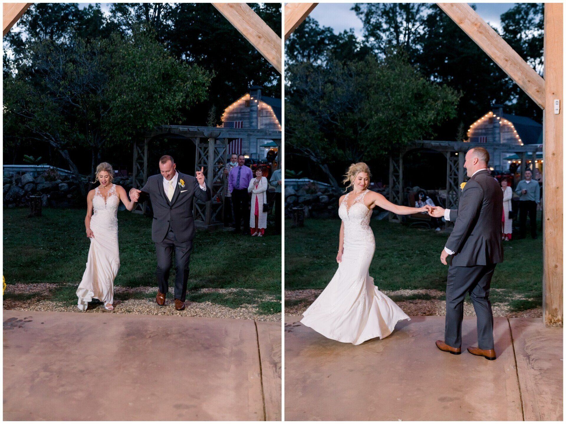 Bride and groom hold hands during an outdoor evening wedding exit under string lights.
