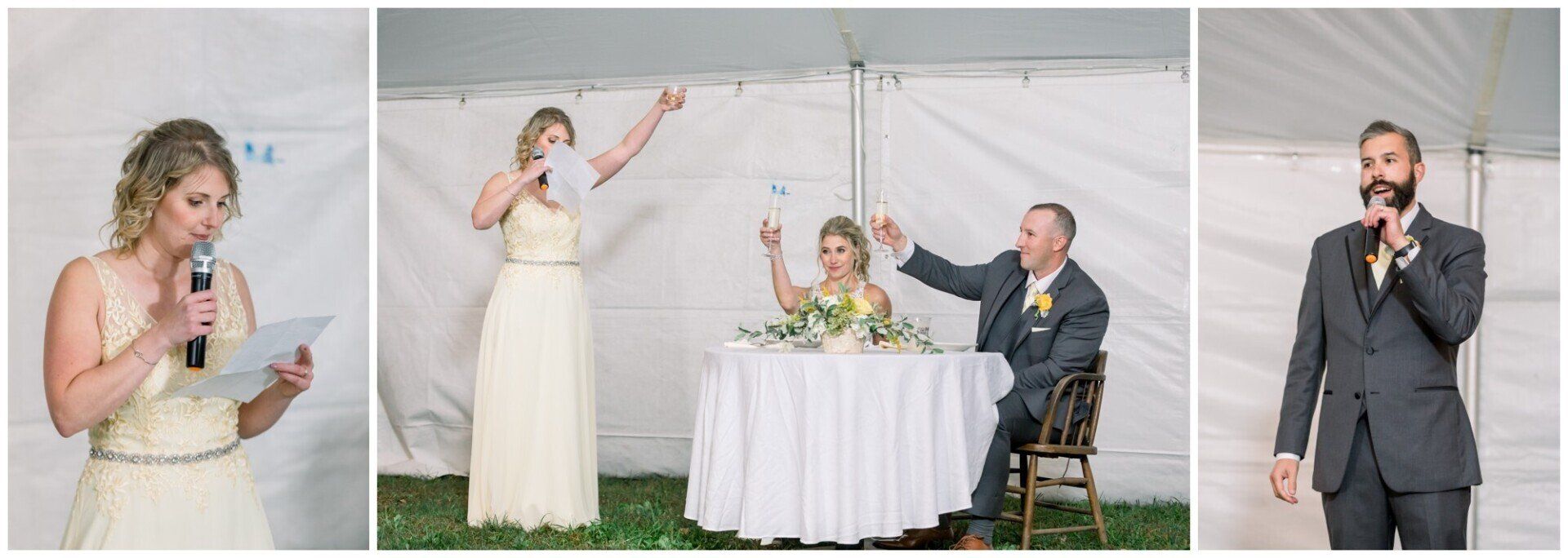 Wedding toast collage: bride speaking at microphone, couple at table, and groom in gray suit clapping