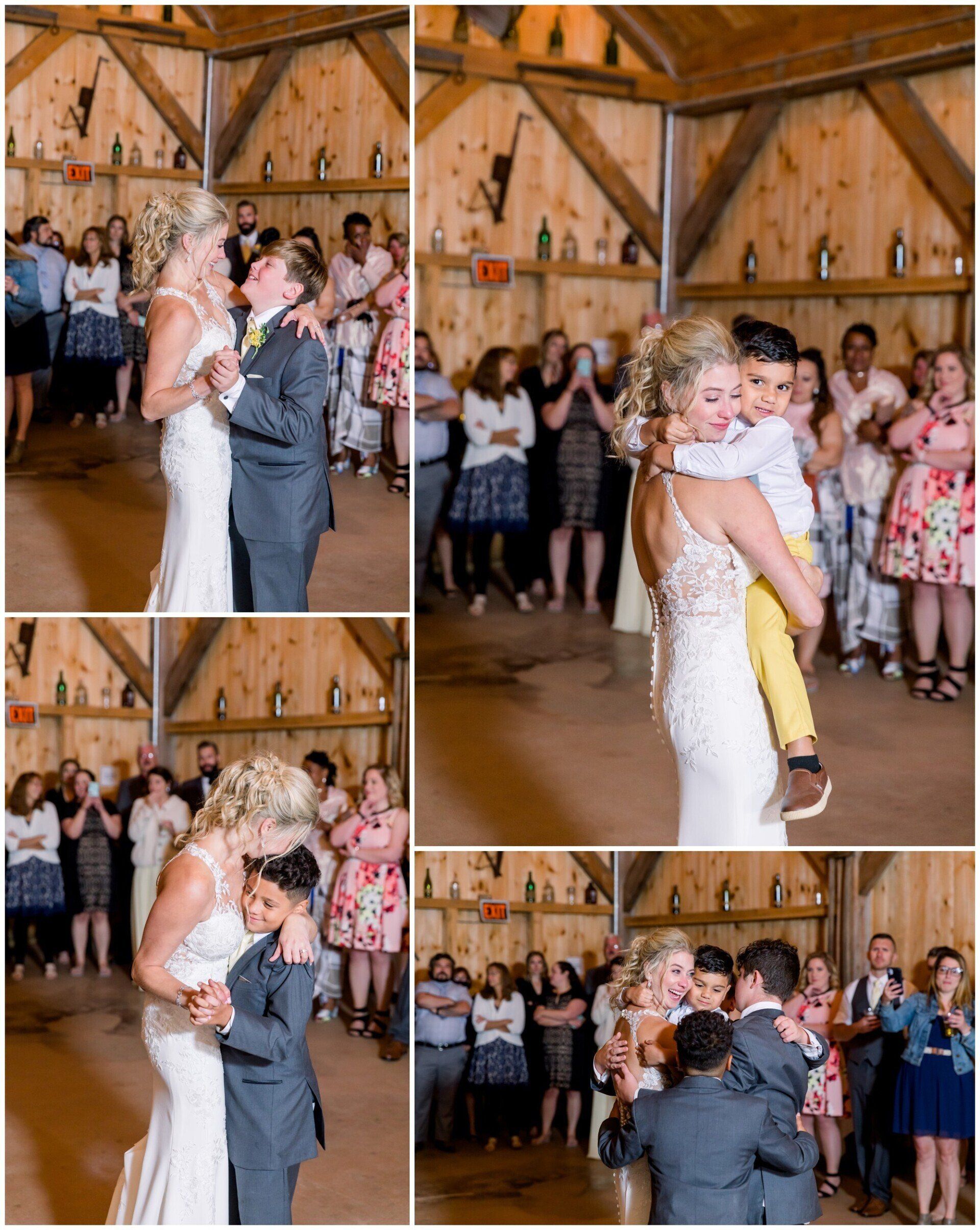 Wedding collage of couples dancing in a rustic barn reception