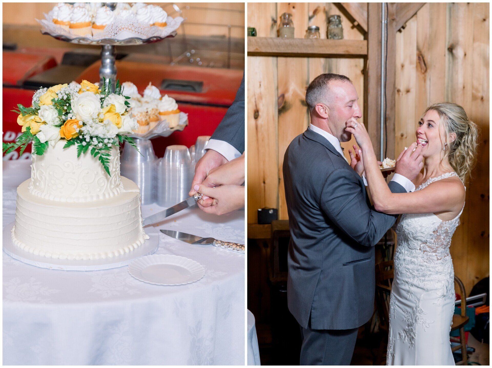 Wedding cake and couple dancing in a rustic wood-paneled reception room