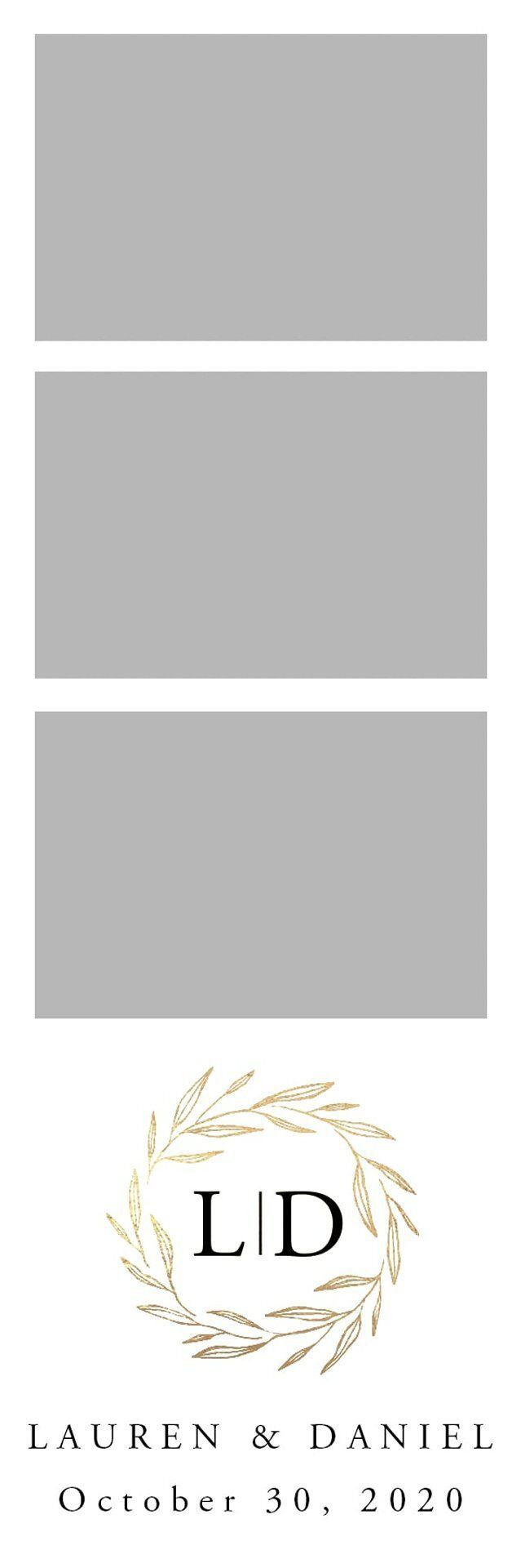 Minimal white invitation with three gray photo placeholders and a gold “LJD” monogram above “Lauren & Daniel” text.