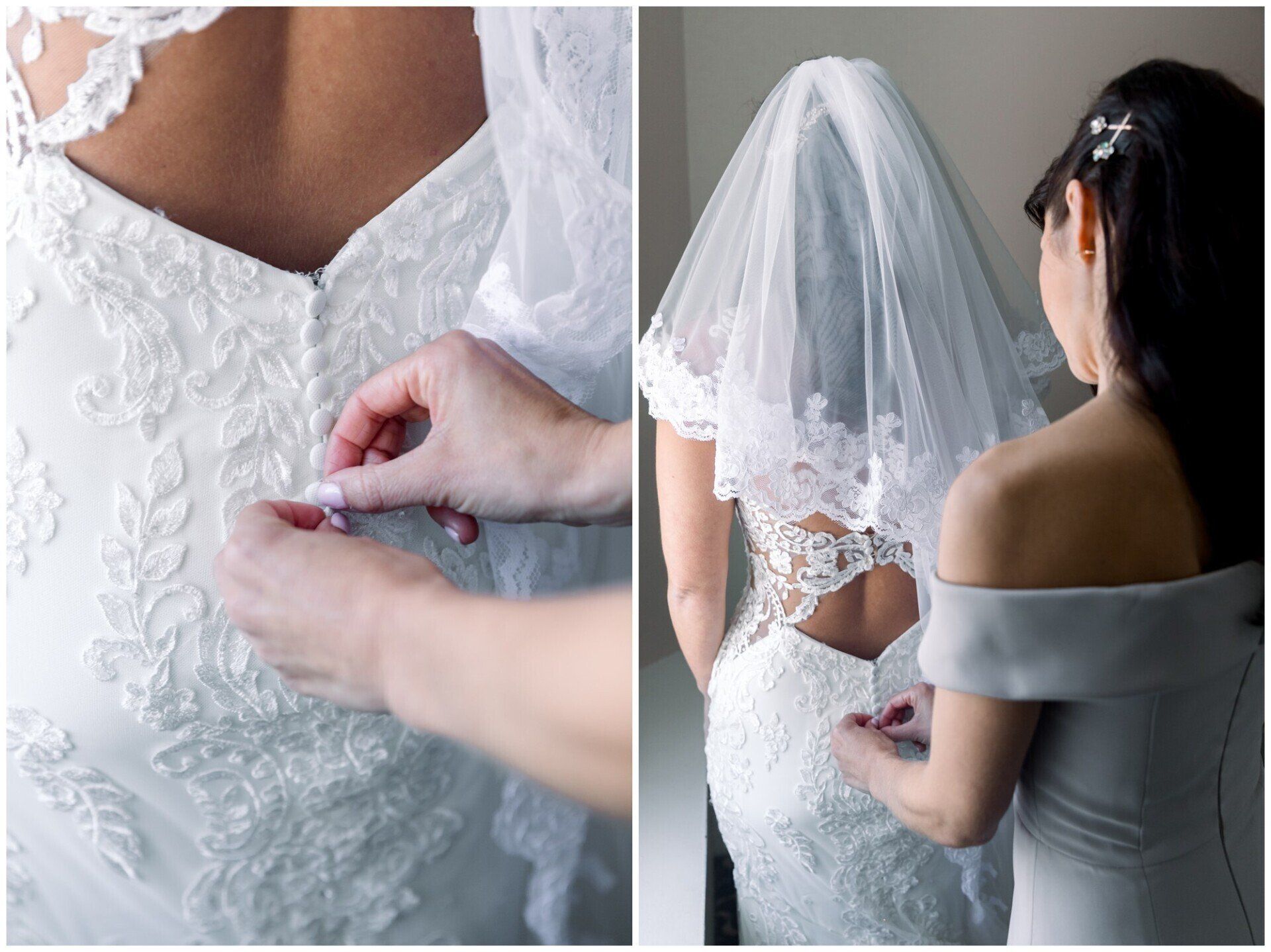 Bridal gown being fastened, with lace details and a veil, as a bride stands for dressing.