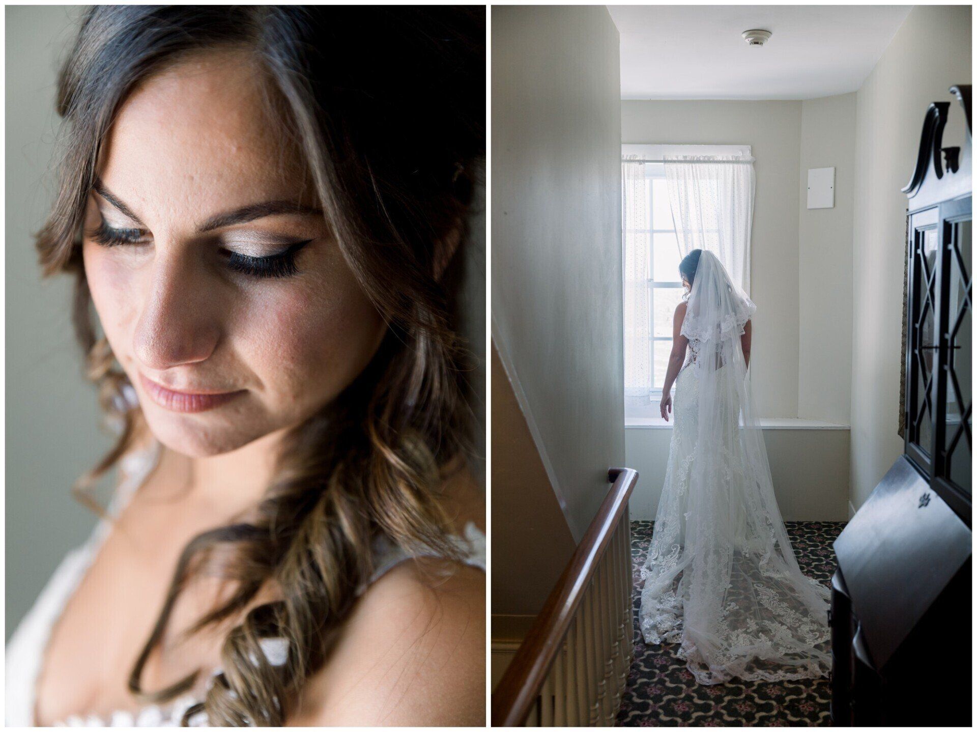 Bride in a white lace veil stands in a hallway; close-up portrait beside her with eyes closed.