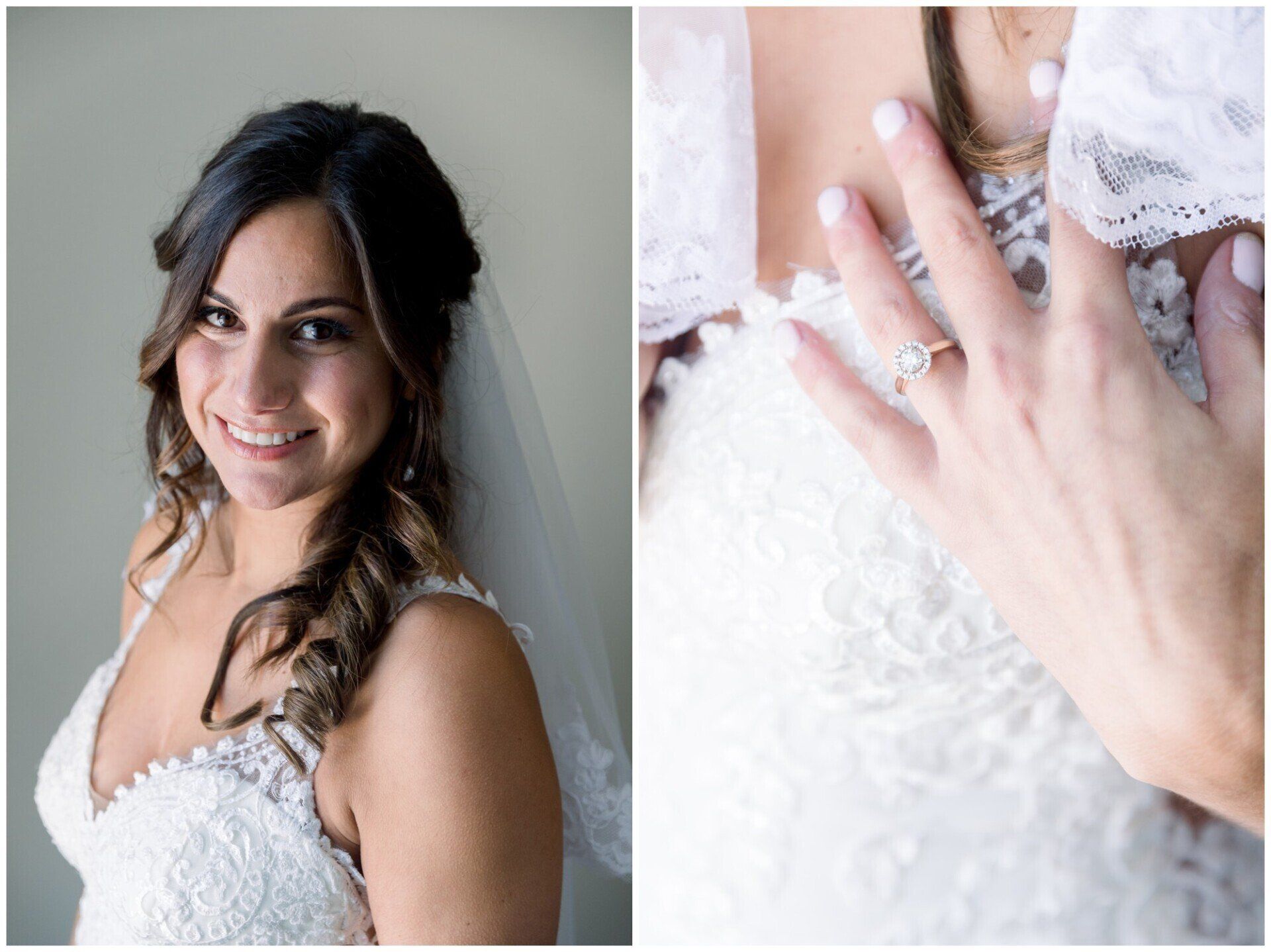 Bride smiling in white dress; close-up of hand with wedding ring and lace details