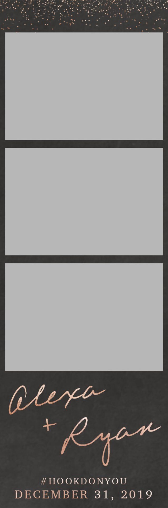 Three stacked gray panels on a dark speckled background, with cursive names and small date text at the bottom.