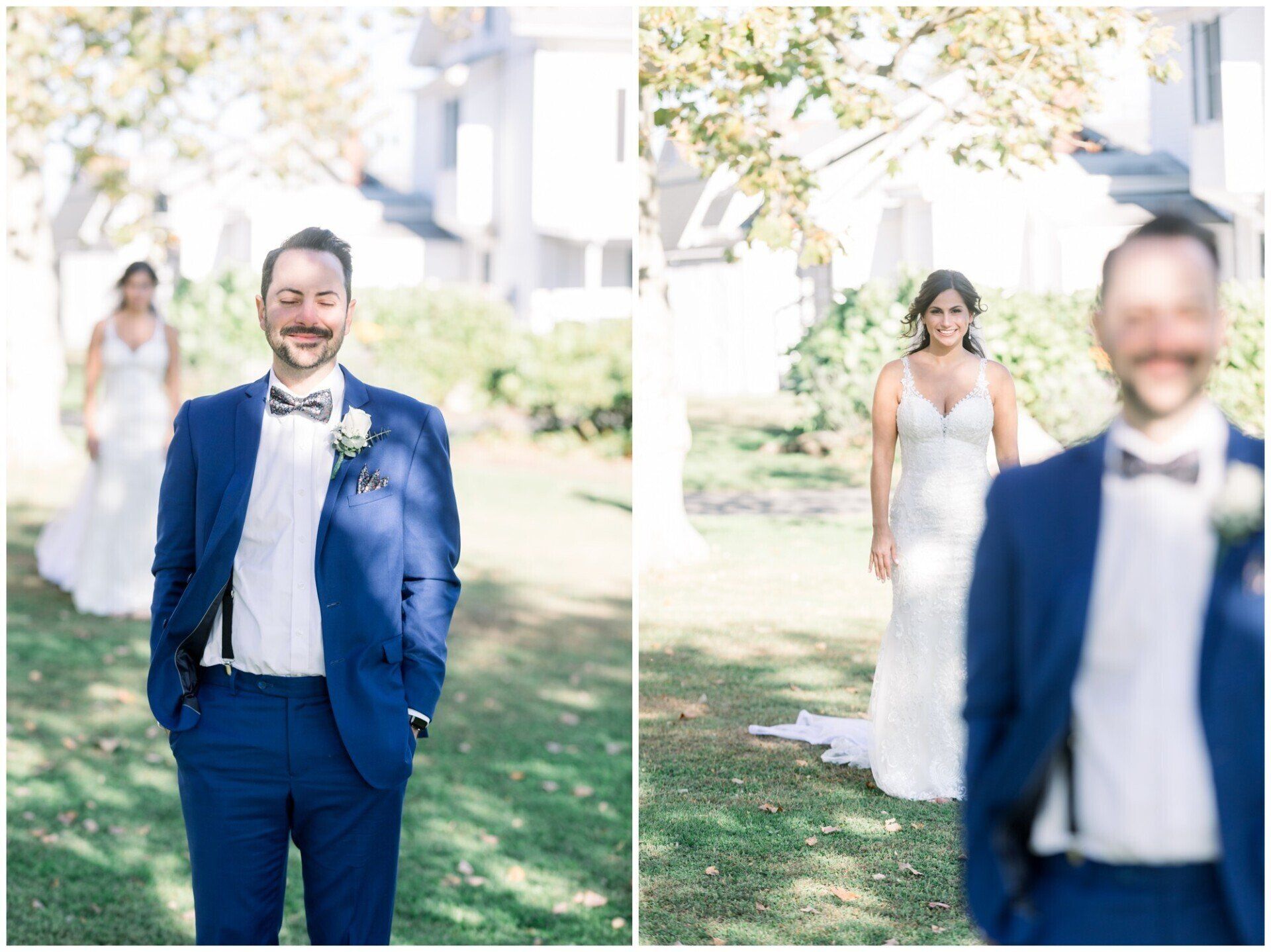 Man in blue suit smiling outdoors at a wedding, with a bride in white in the background.