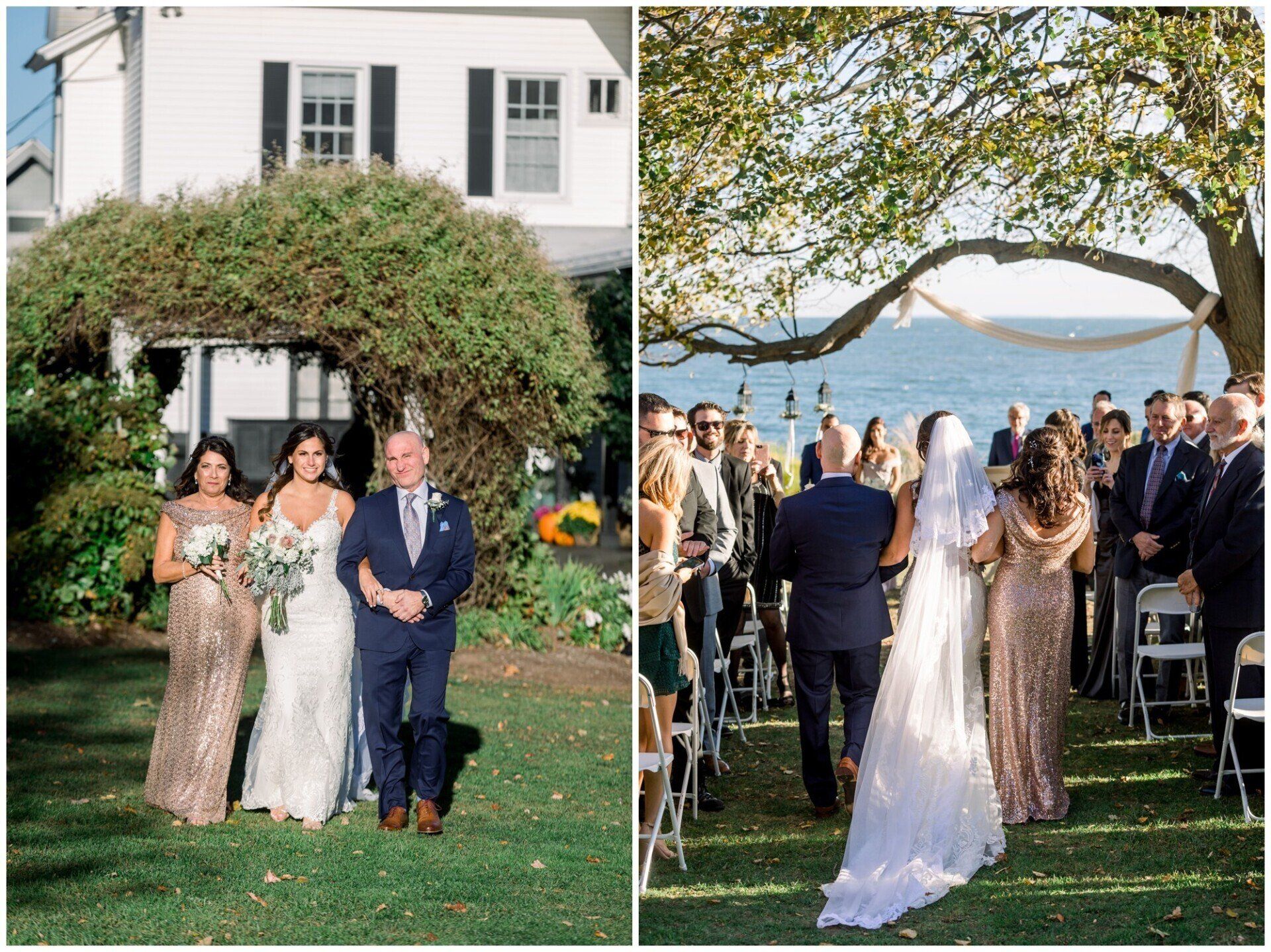 Wedding couple walking down aisle outdoors, framed by trees and guests with a water view.