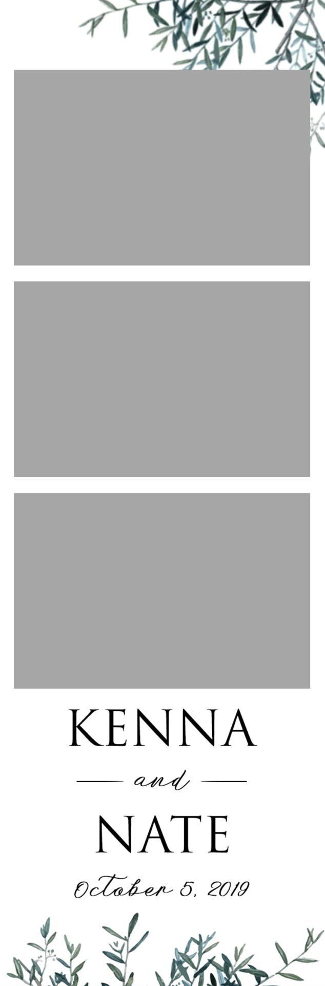 Wedding invitation with three gray photo placeholders above the names Kenna and Nate.
