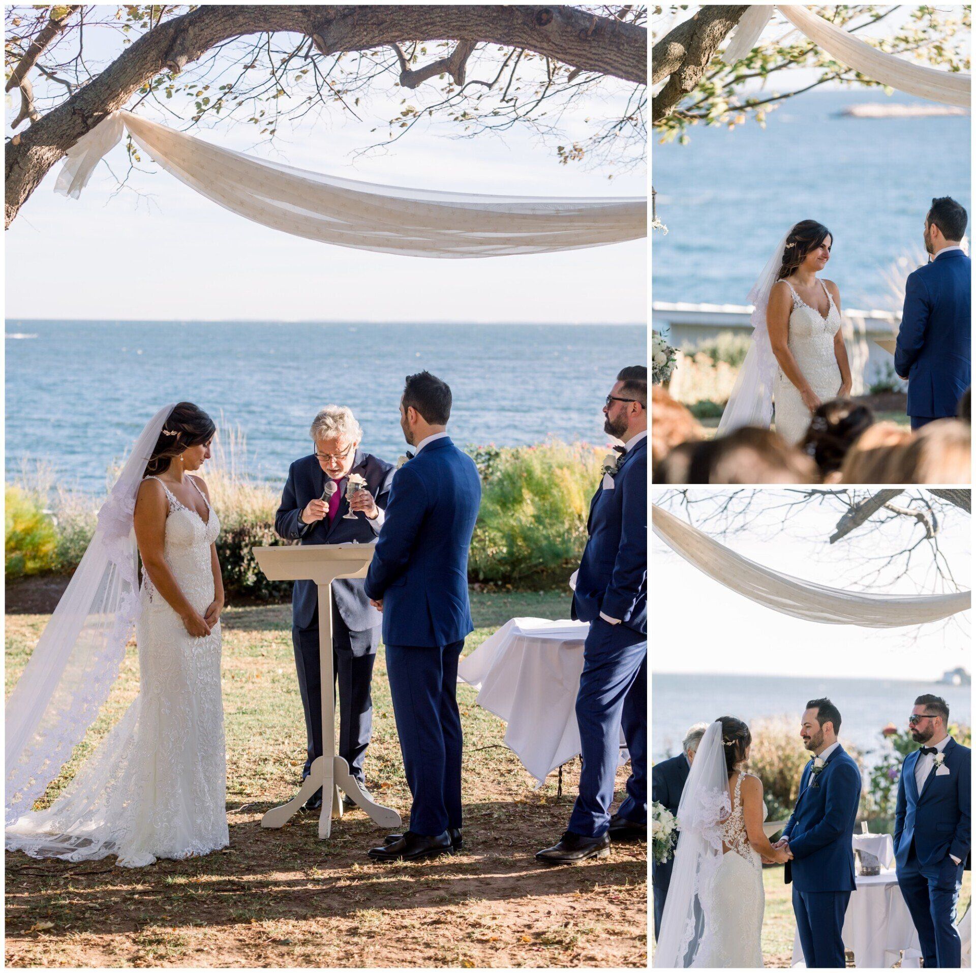 Outdoor beach wedding ceremony with bride and groom exchanging vows beside the ocean