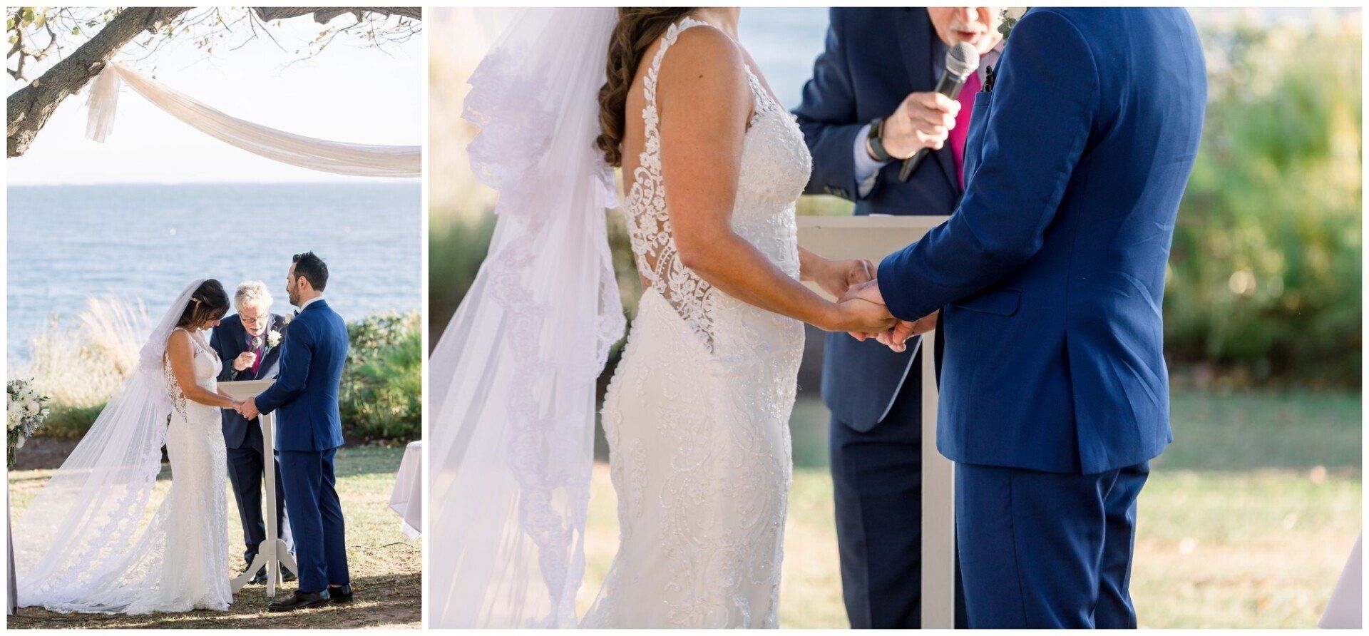 Wedding couple exchanging vows by the water, with bride in white and groom in blue.