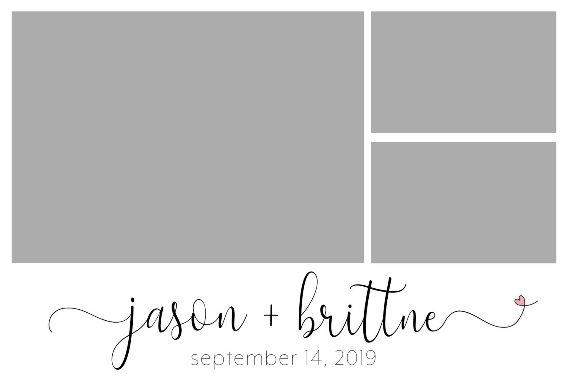 Wedding invitation with gray photo placeholders and cursive names “Jason + Brittne” above the date “September 14, 2019”