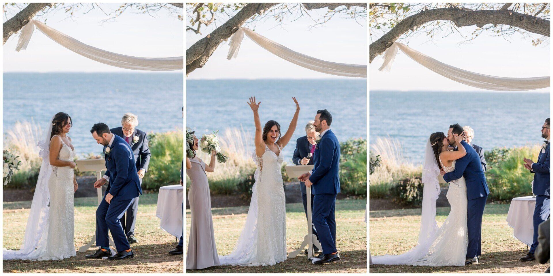 Three wedding moments by the sea: couple under an arch, bride cheers, then the couple embrace on the lawn.
