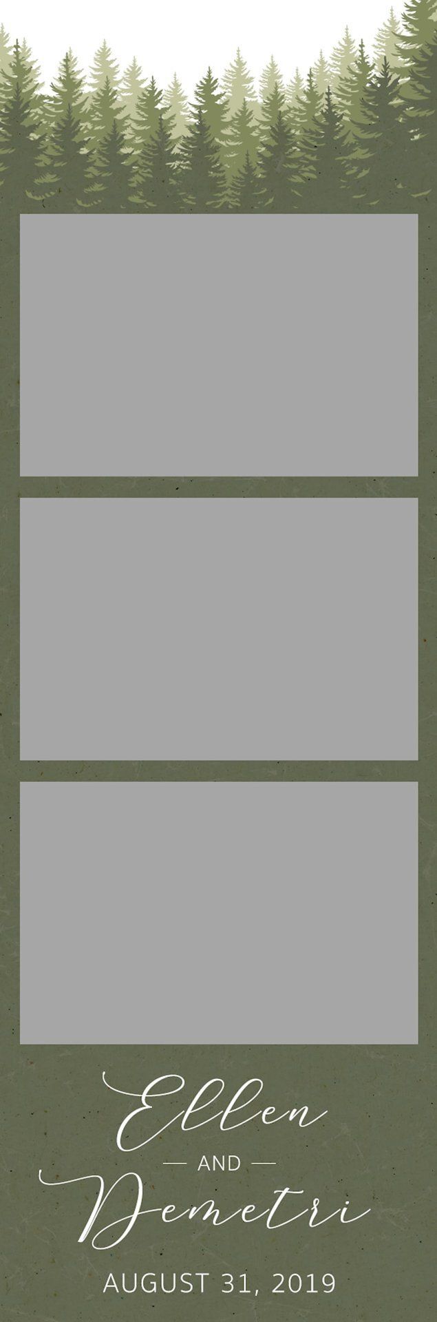 Vertical forest-themed layout with three gray panels and cursive “Welcome” text at the bottom.