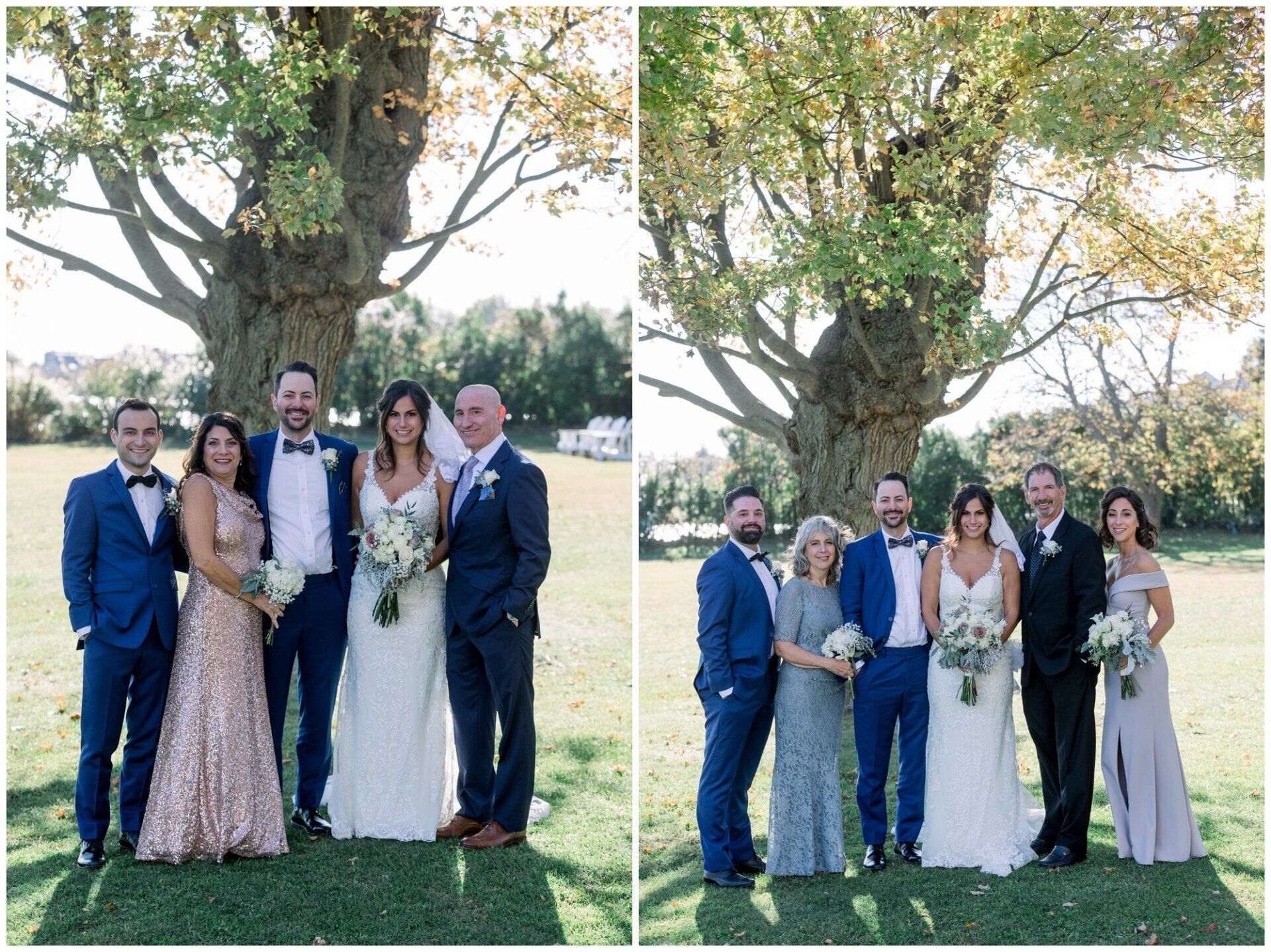 Two wedding party portraits under a tree, with the bride and groom centered among bridesmaids and groomsmen.
