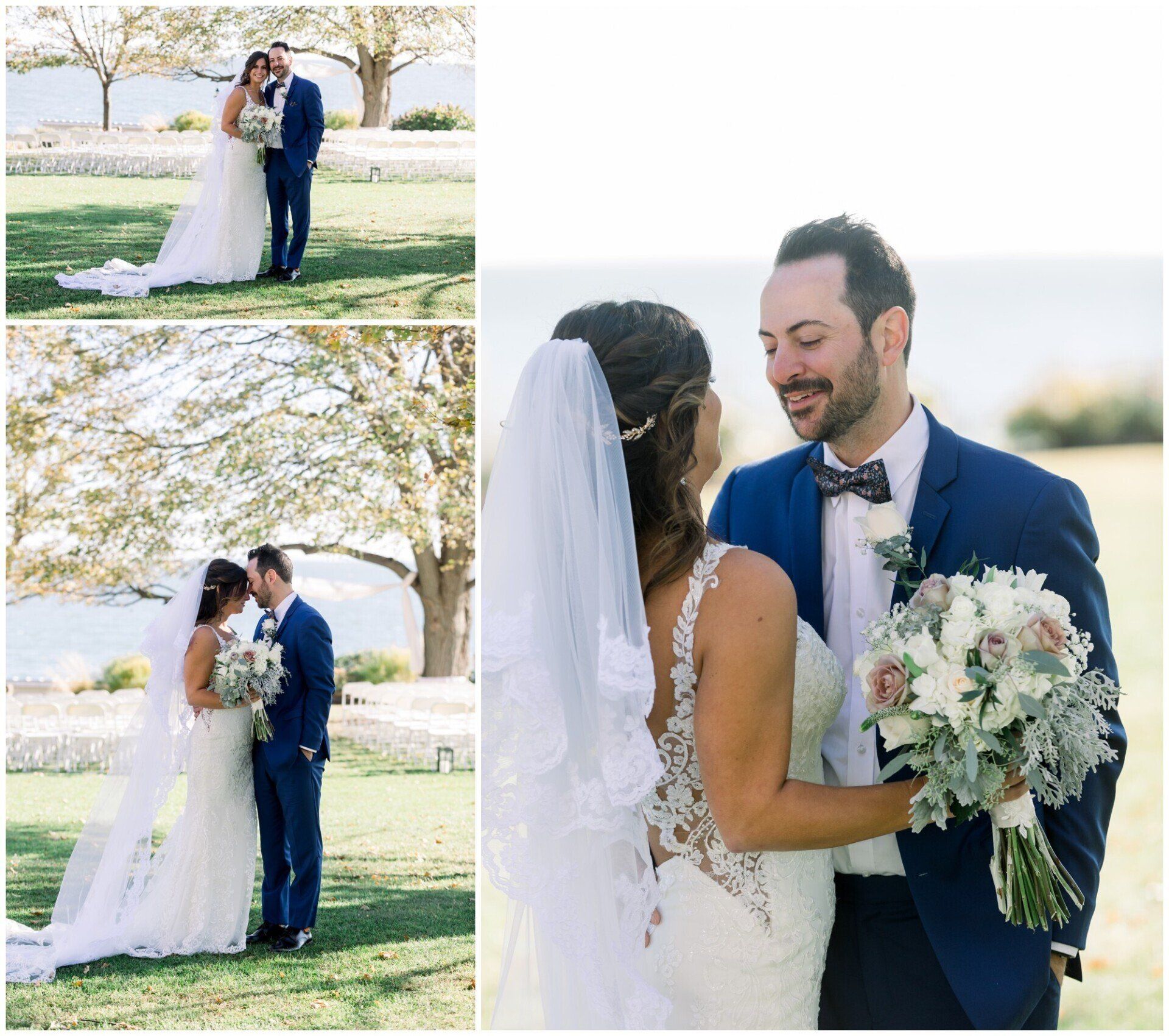 Bride and groom share a wedding kiss outdoors under blooming trees, with close-up bouquet and veil details.