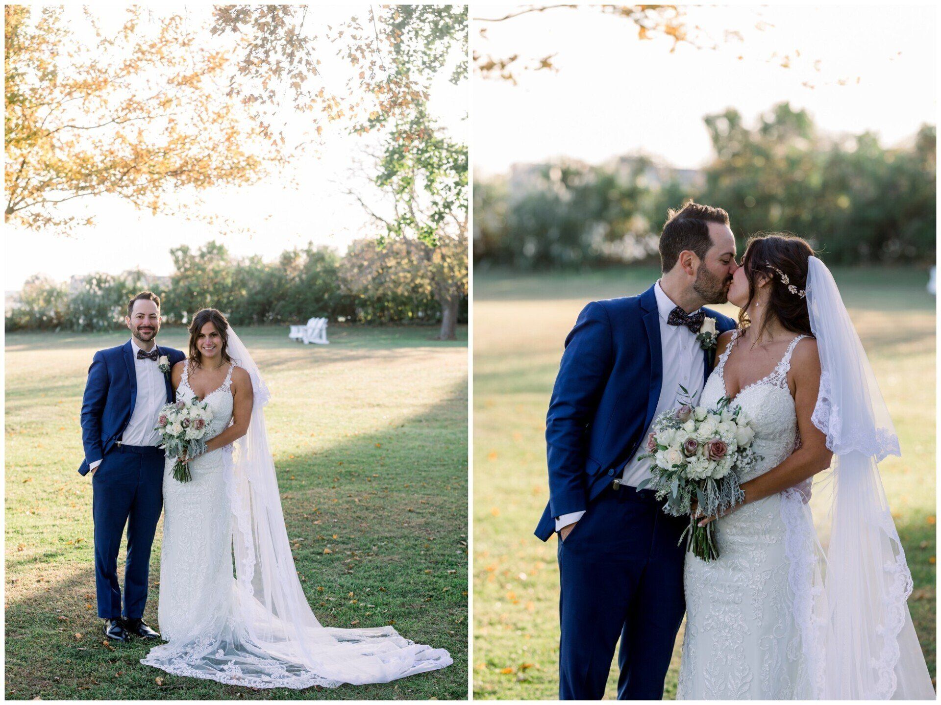 Newlyweds pose outdoors at sunset, then kiss on their wedding day.