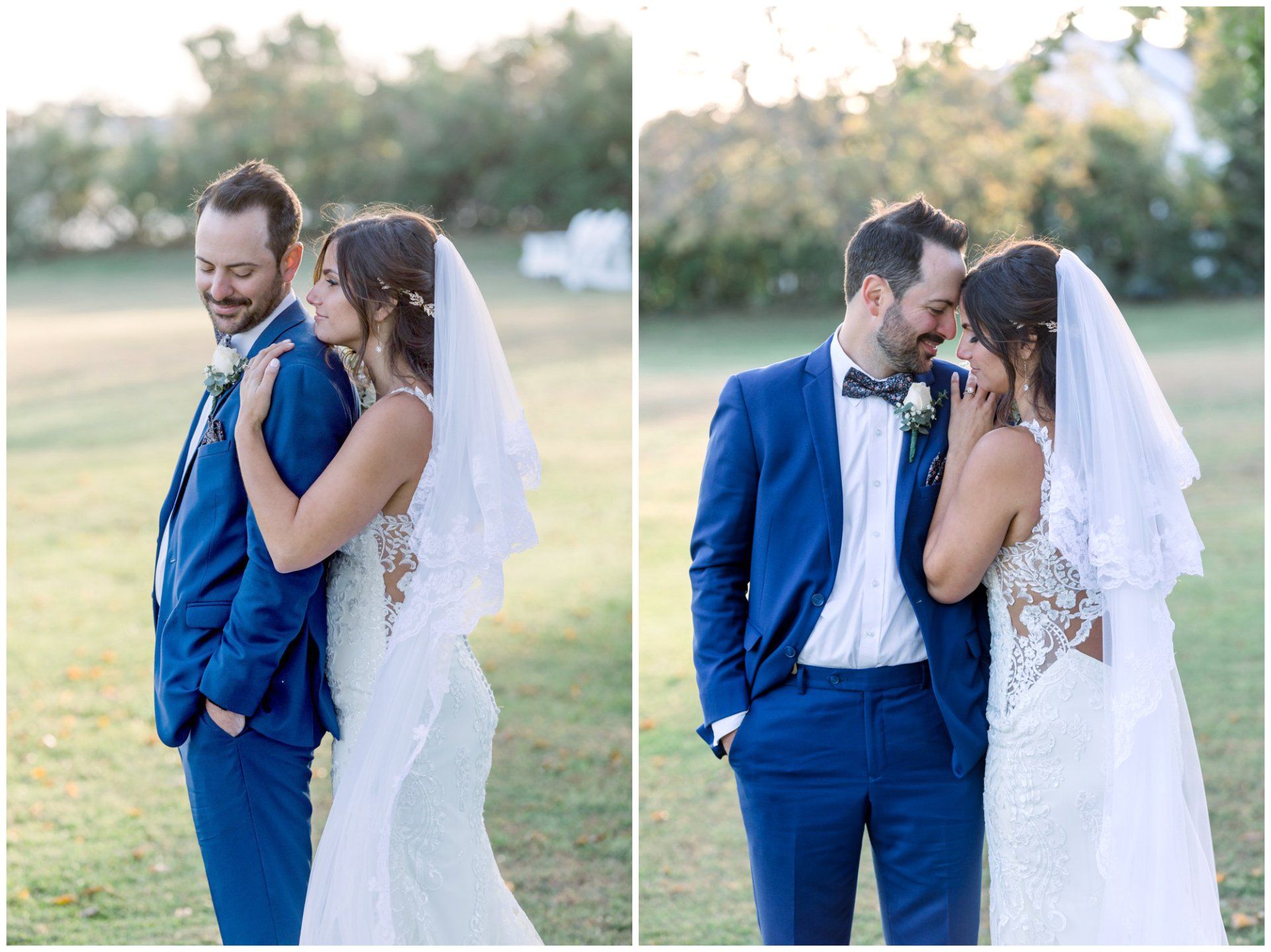 Newlyweds in blue and white wedding attire embracing outdoors by a sunlit grassy field.