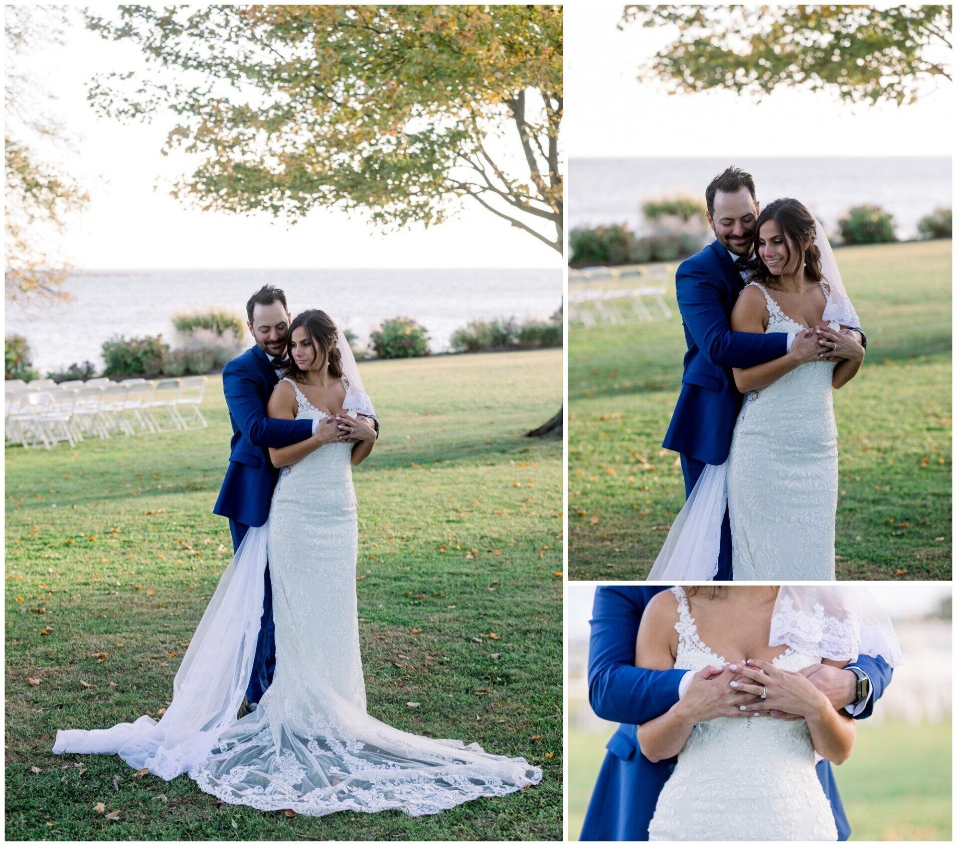 Bride and groom embracing outdoors in blue and white wedding attire by a lakeside
