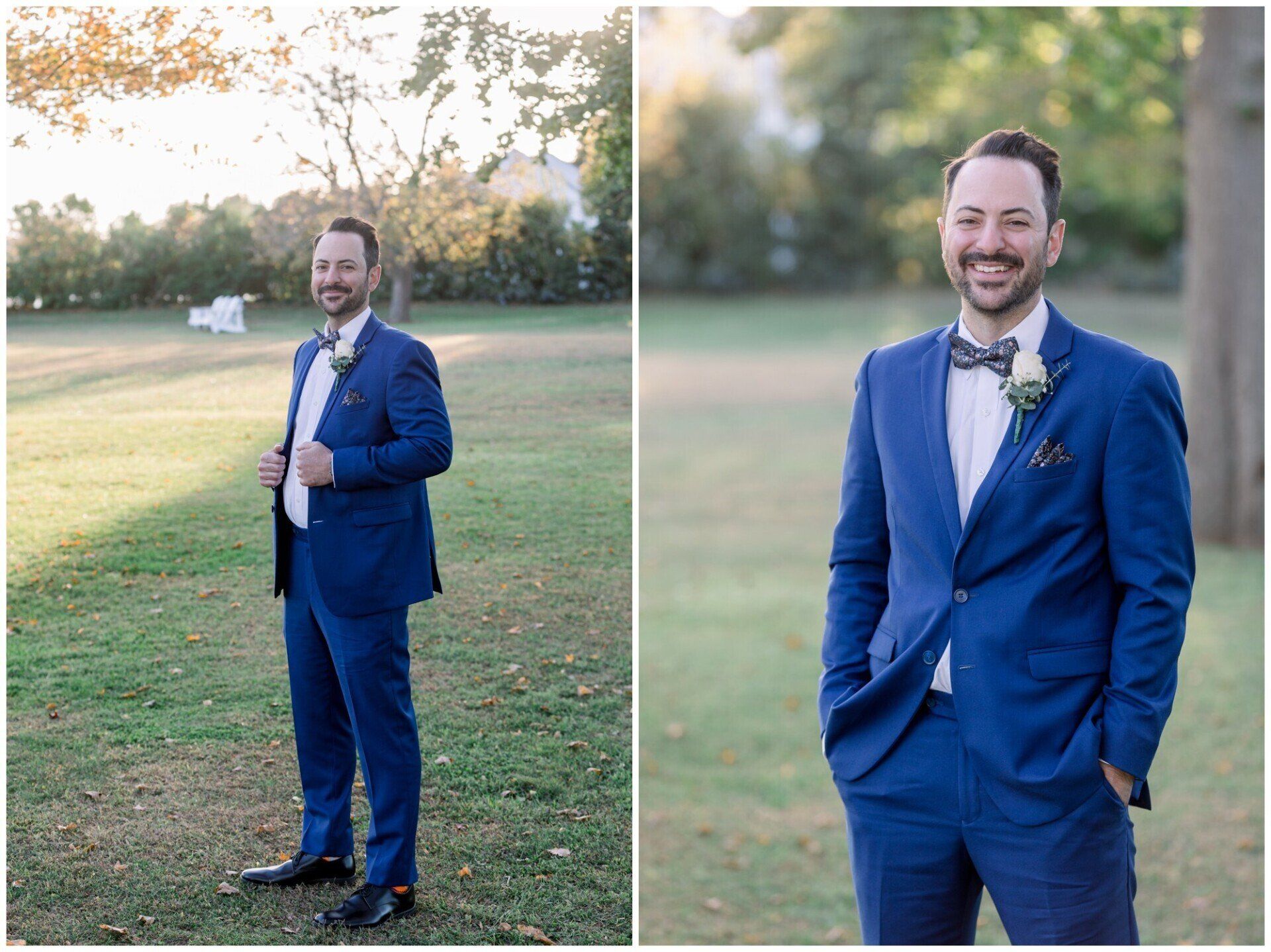 Man in a blue suit smiling outdoors at sunset, with a full-body and close-up view.