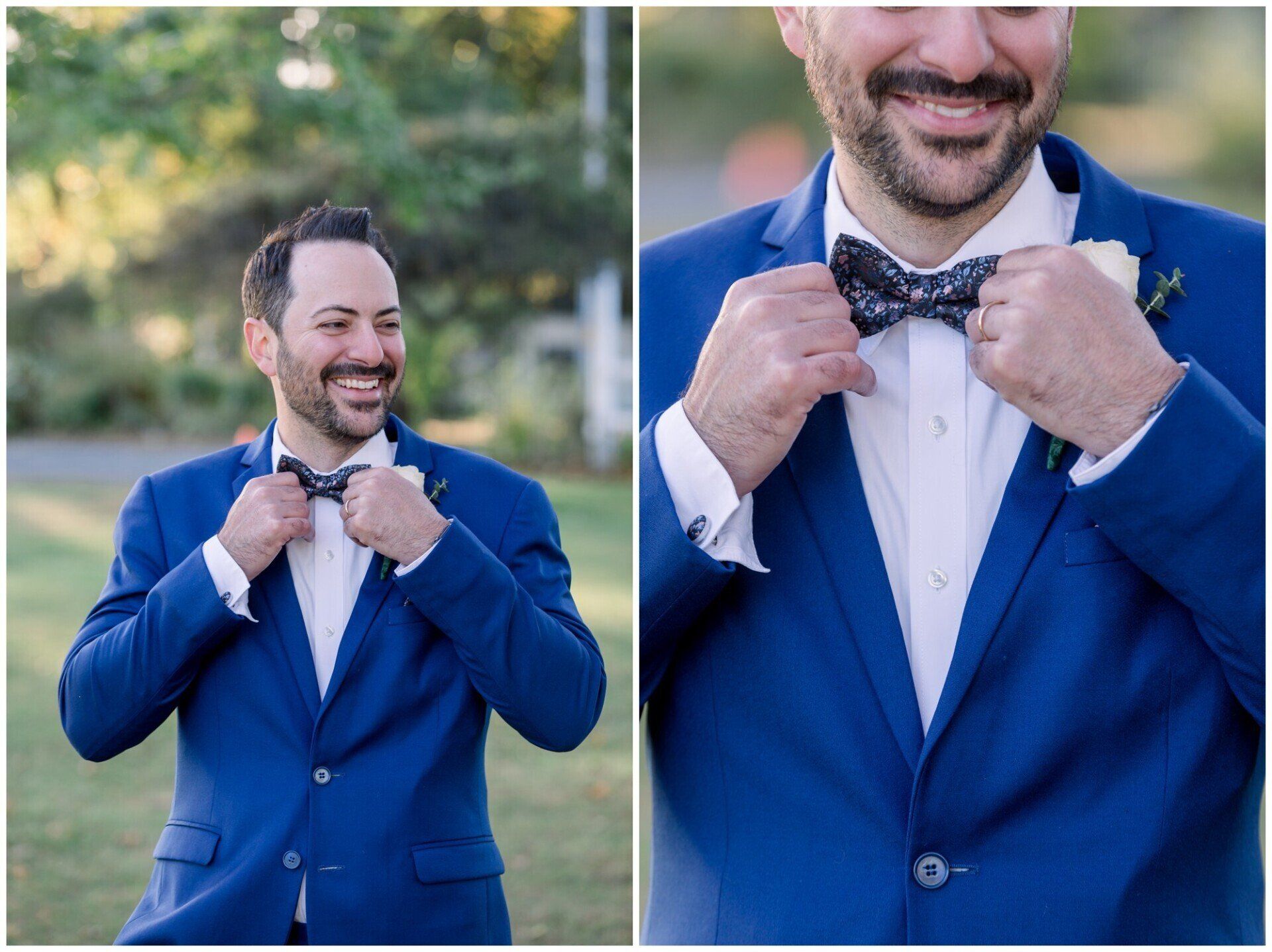 Man in a blue suit adjusting a bow tie outdoors, shown in a close-up and wider view.