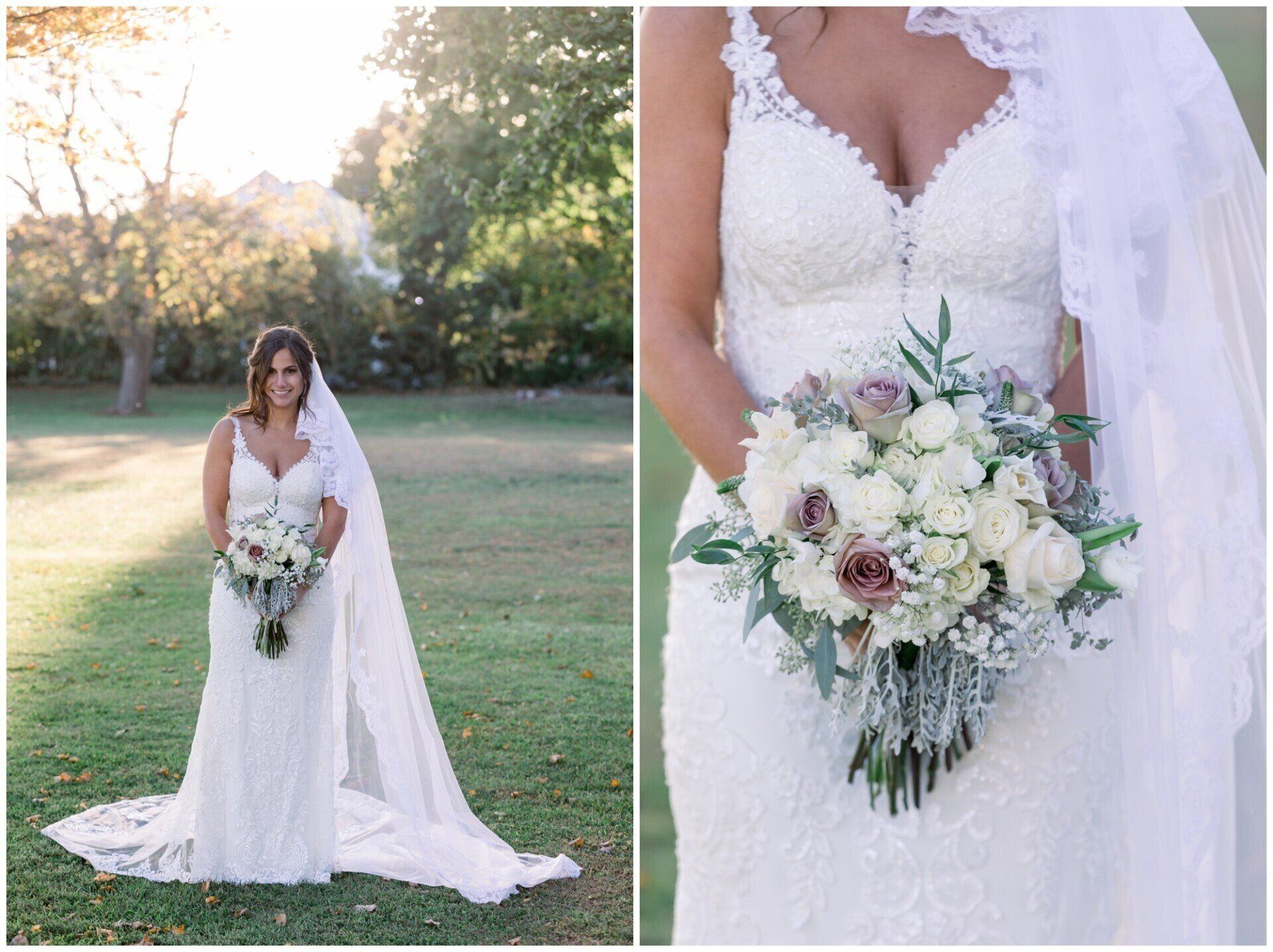 Bride in white lace gown holding a cascading bouquet outdoors in a garden.