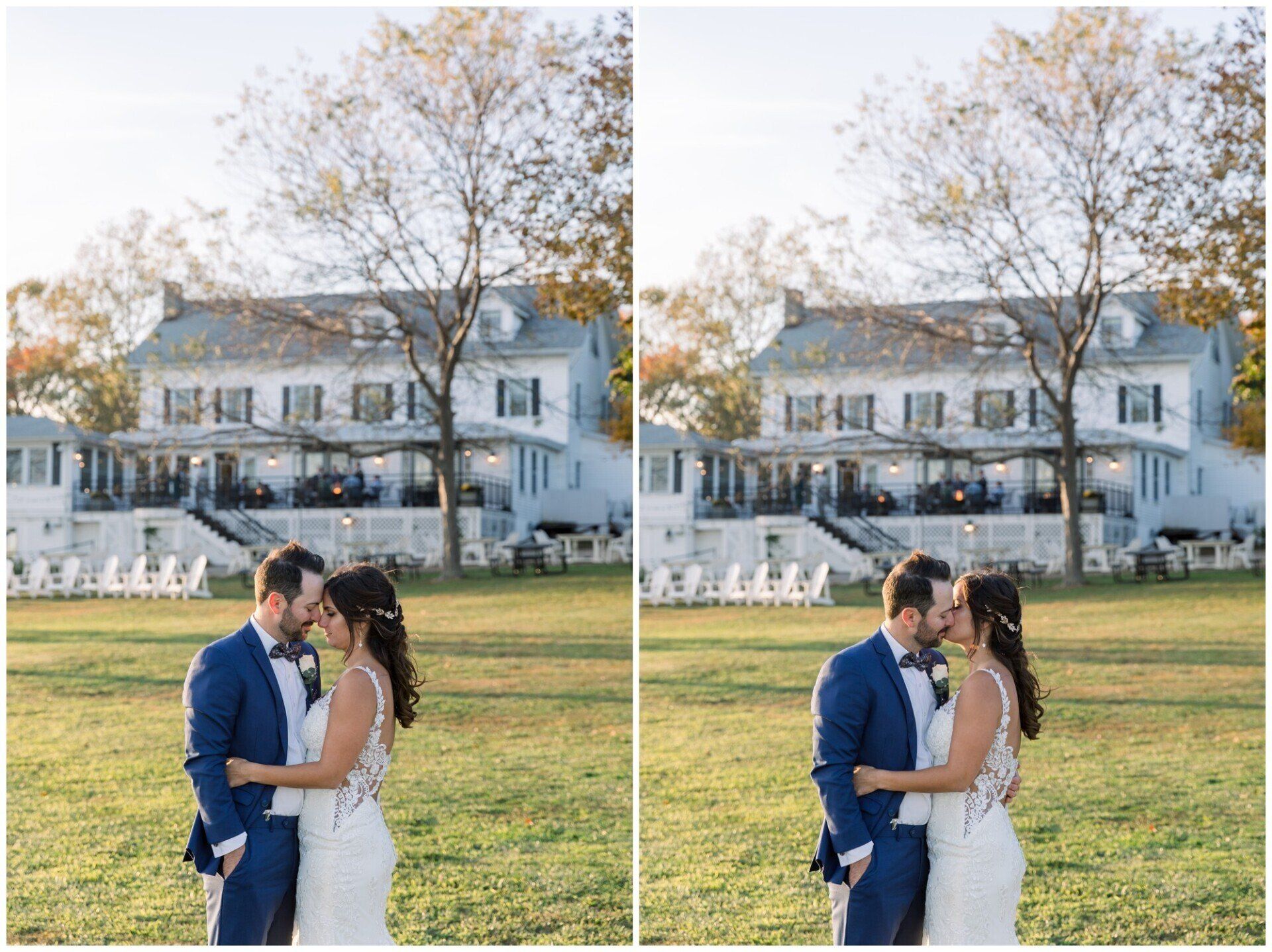 Couple in formal attire embracing on a lawn in front of a white house, shown in a side-by-side duplicate image.