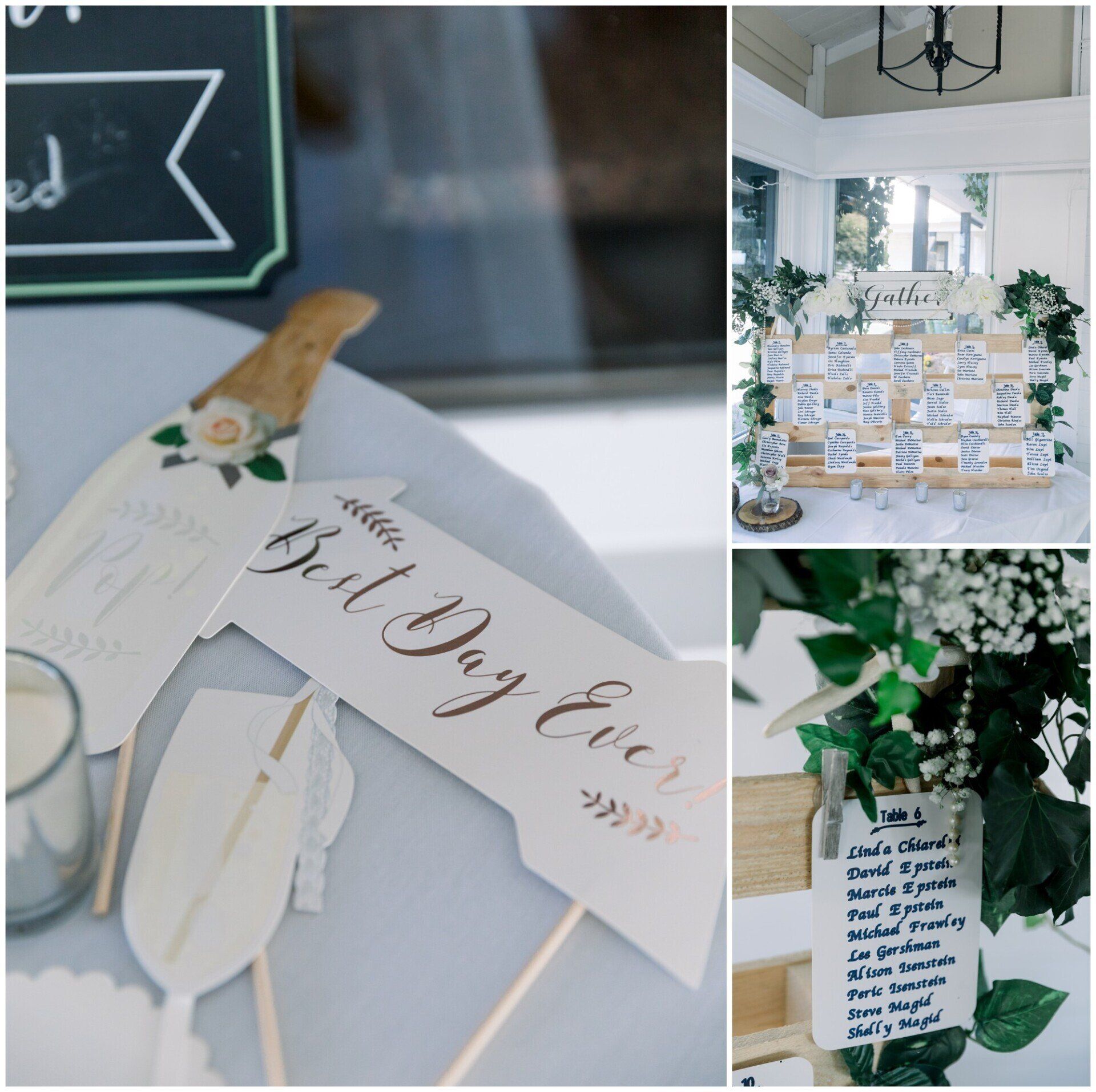 Wedding signage and floral decor in soft white and sage tones at an indoor reception.