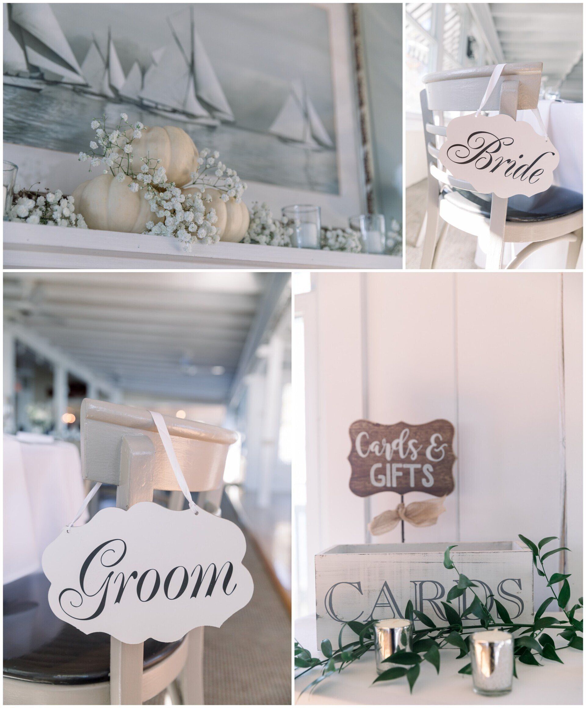 Wedding décor collage with sailboat backdrop and rustic signs for bride, groom, cards, and gifts