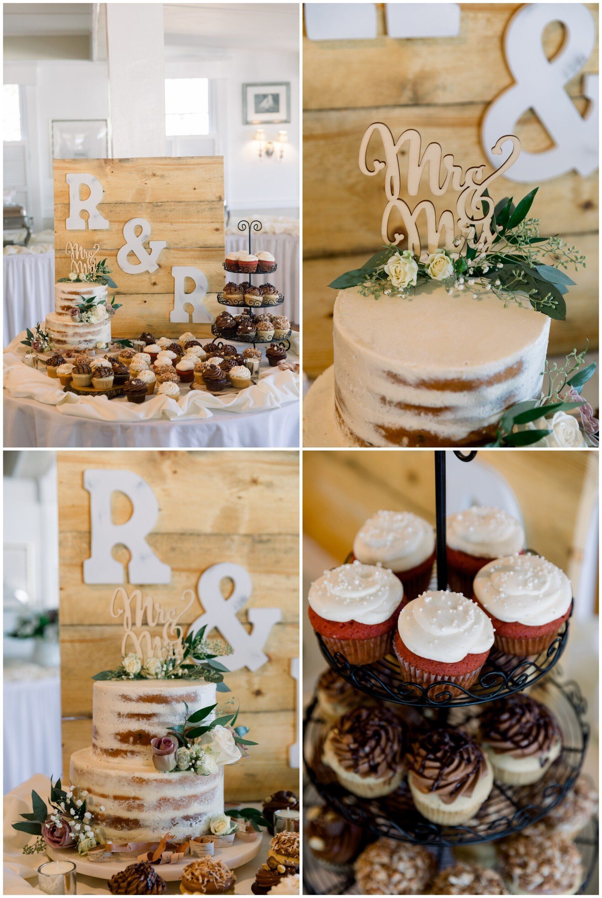 Rustic white-and-gold birthday dessert table with cake, cupcakes, and decorative initials and ampersands