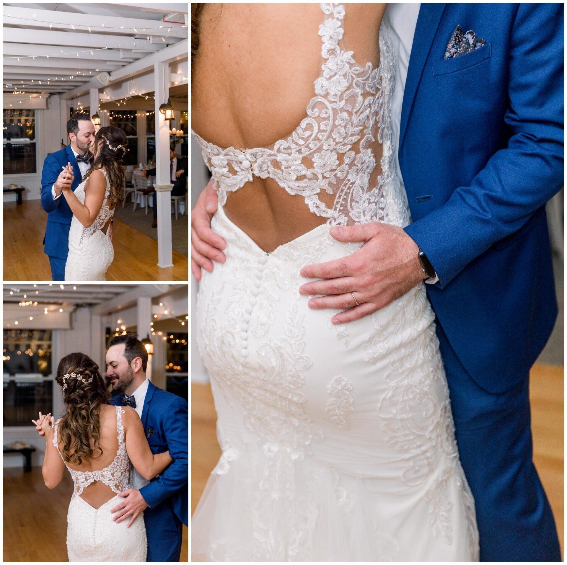 Bride and groom pose in a white lace wedding dress and blue suit; close-up of dress details at reception