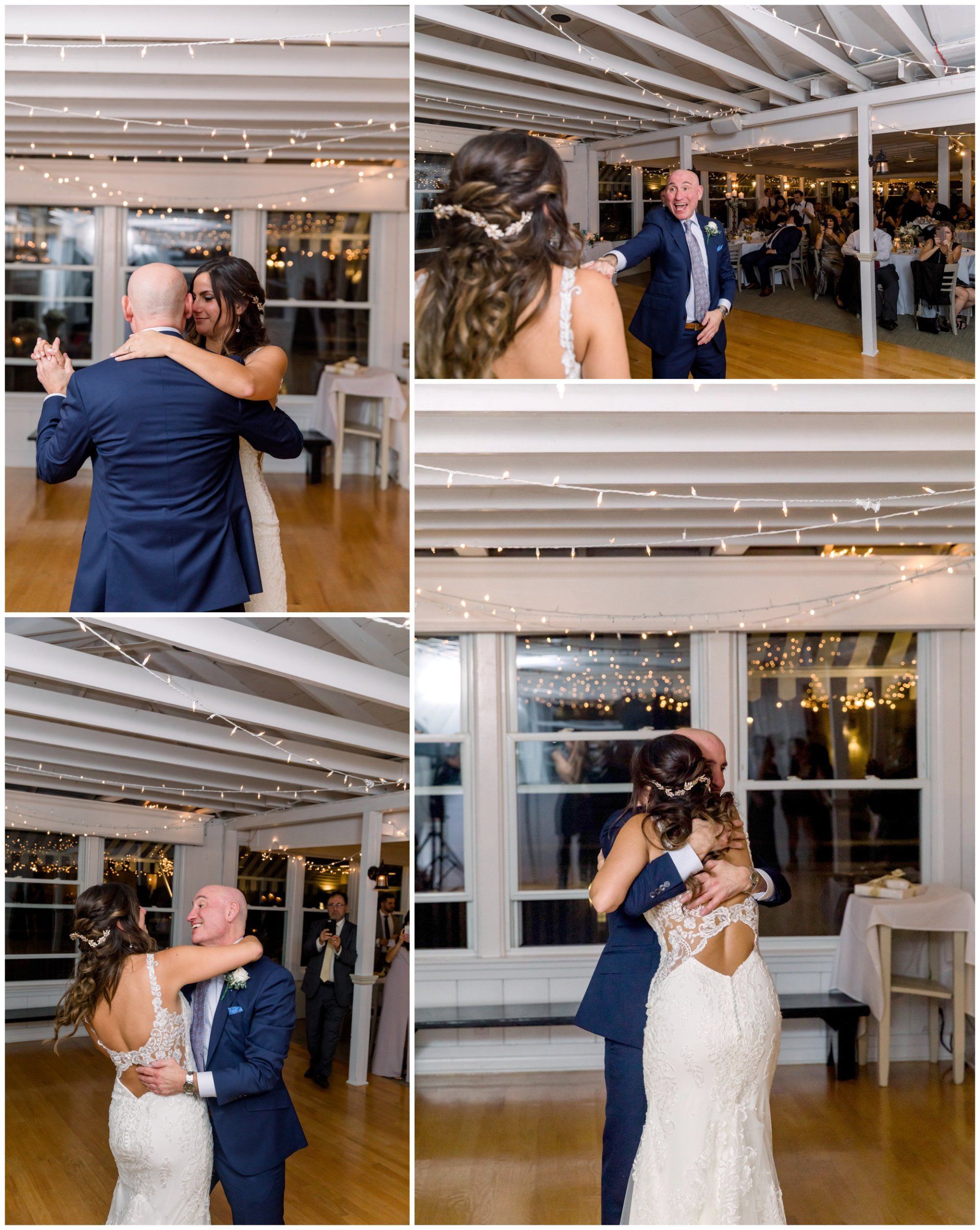 Bride and man embrace during a wedding reception in a bright hall with white beams and large windows.