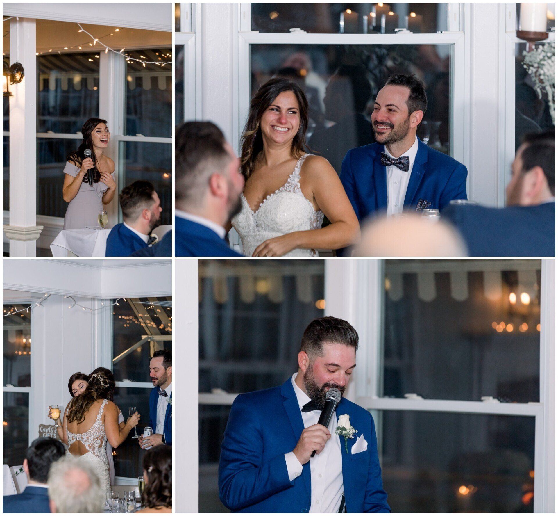 Wedding reception collage with a bride and groom speaking at a microphone in a bright indoor venue